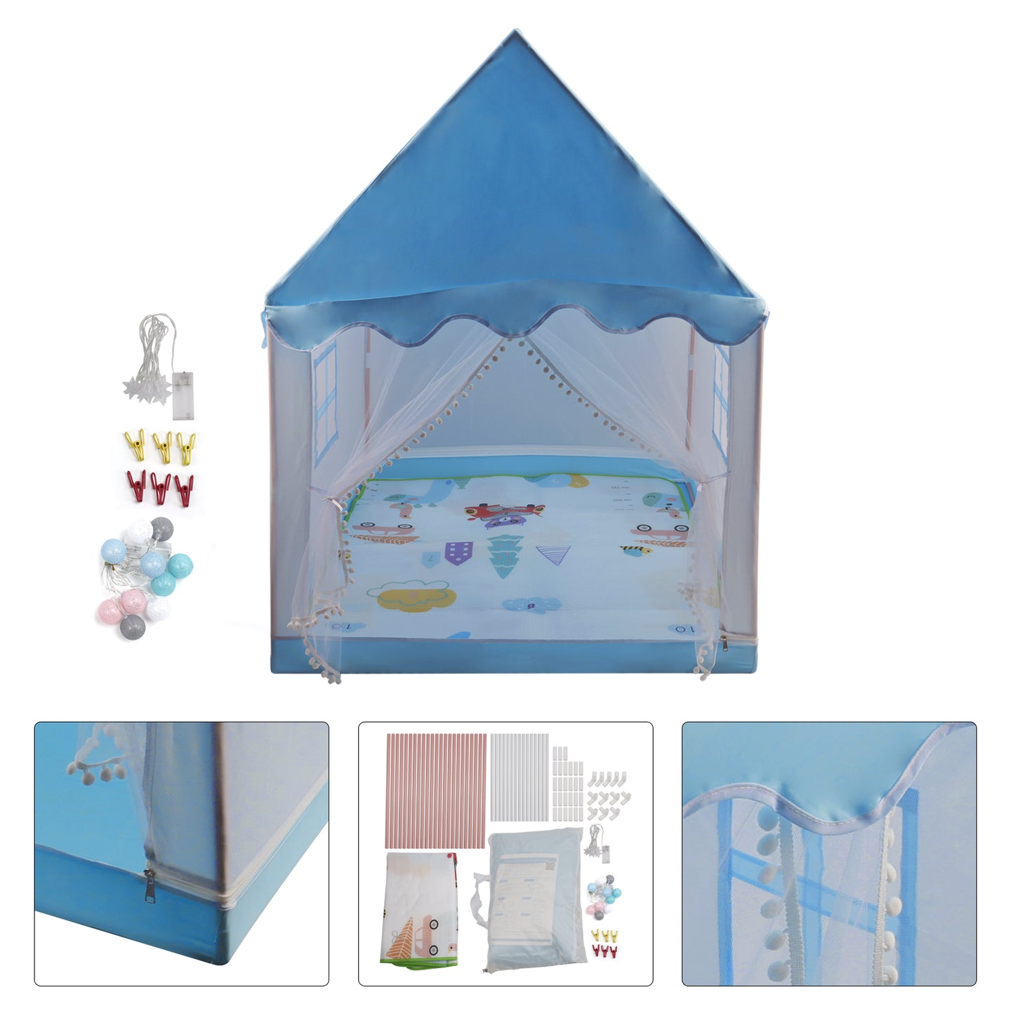 Kids Indoor Play Tent for Boys & Girls,Assembly Tent with Metal Frame,Mesh Window,Optional Star Lights & Mat,Portable Children's Playhouse with Carry Bag Blue