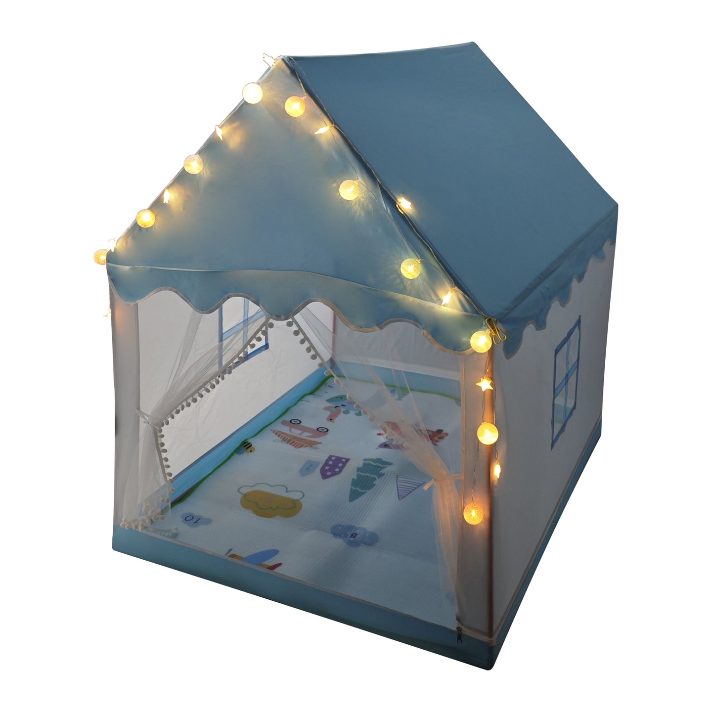 Kids Indoor Play Tent for Boys & Girls,Assembly Tent with Metal Frame,Mesh Window,Optional Star Lights & Mat,Portable Children's Playhouse with Carry Bag Blue