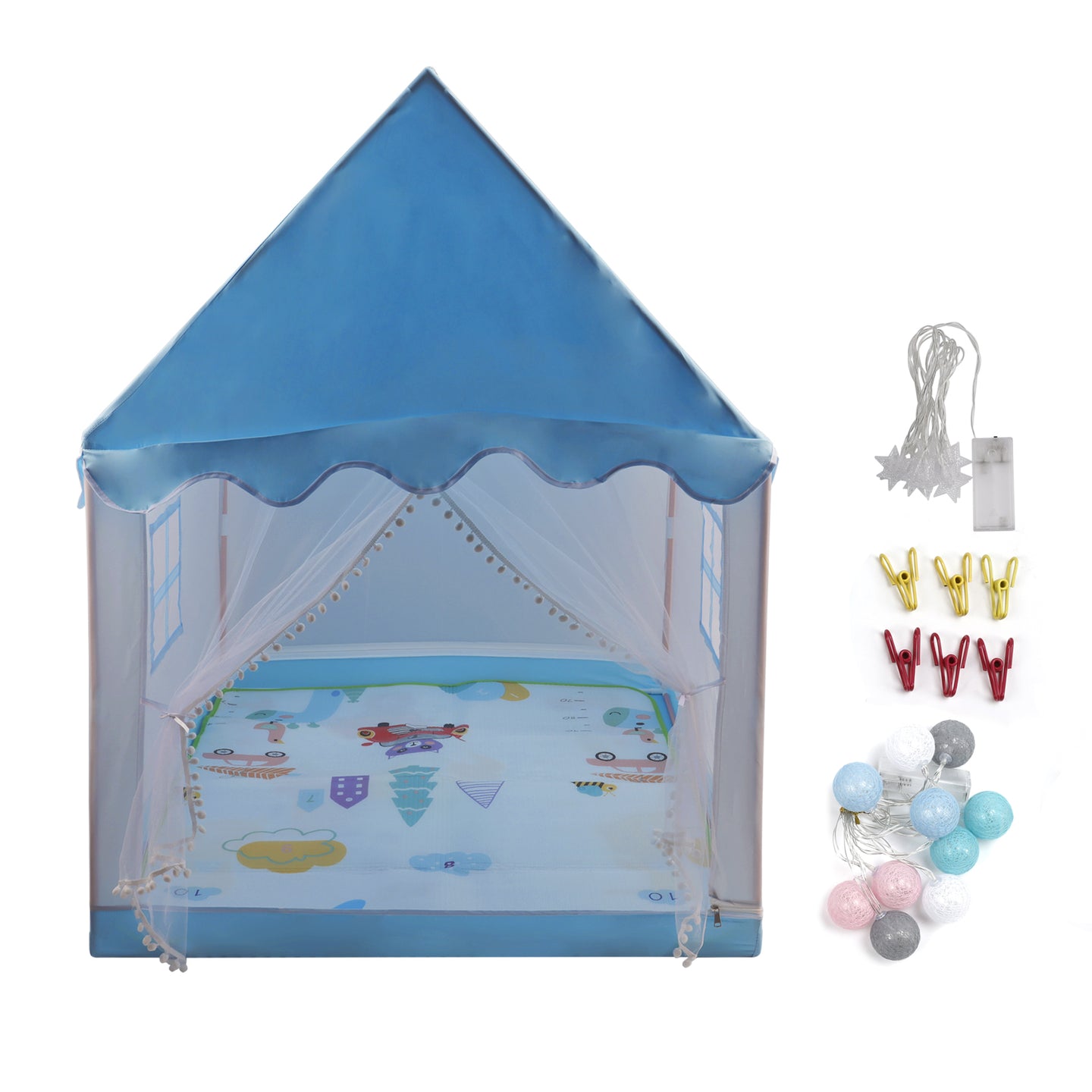 Kids Indoor Play Tent for Boys & Girls,Assembly Tent with Metal Frame,Mesh Window,Optional Star Lights & Mat,Portable Children's Playhouse with Carry Bag Blue