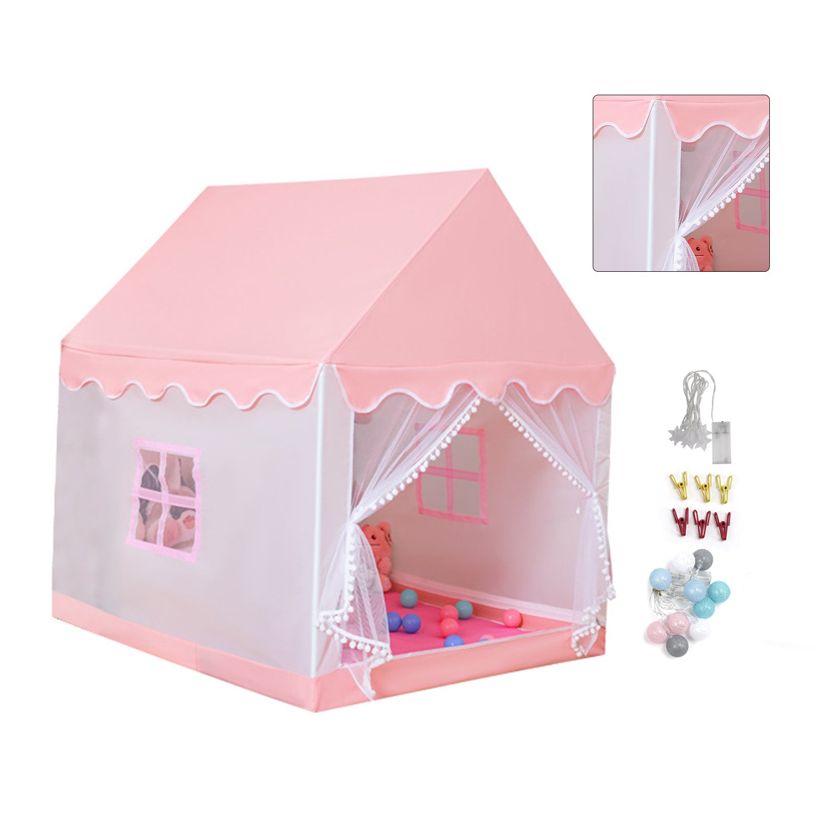 Kids Indoor Play Tent for Boys & Girls,Assembly Tent with Metal Frame,Mesh Window,Optional Star Lights & Mat,Portable Children's Playhouse with Carry Bag Pink