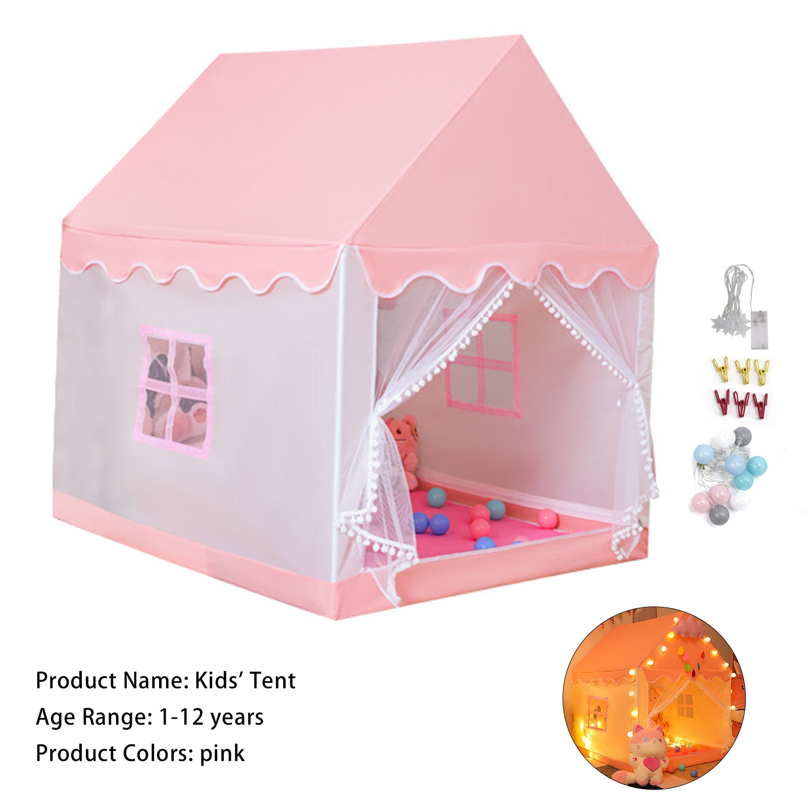 Kids Indoor Play Tent for Boys & Girls,Assembly Tent with Metal Frame,Mesh Window,Optional Star Lights & Mat,Portable Children's Playhouse with Carry Bag Pink