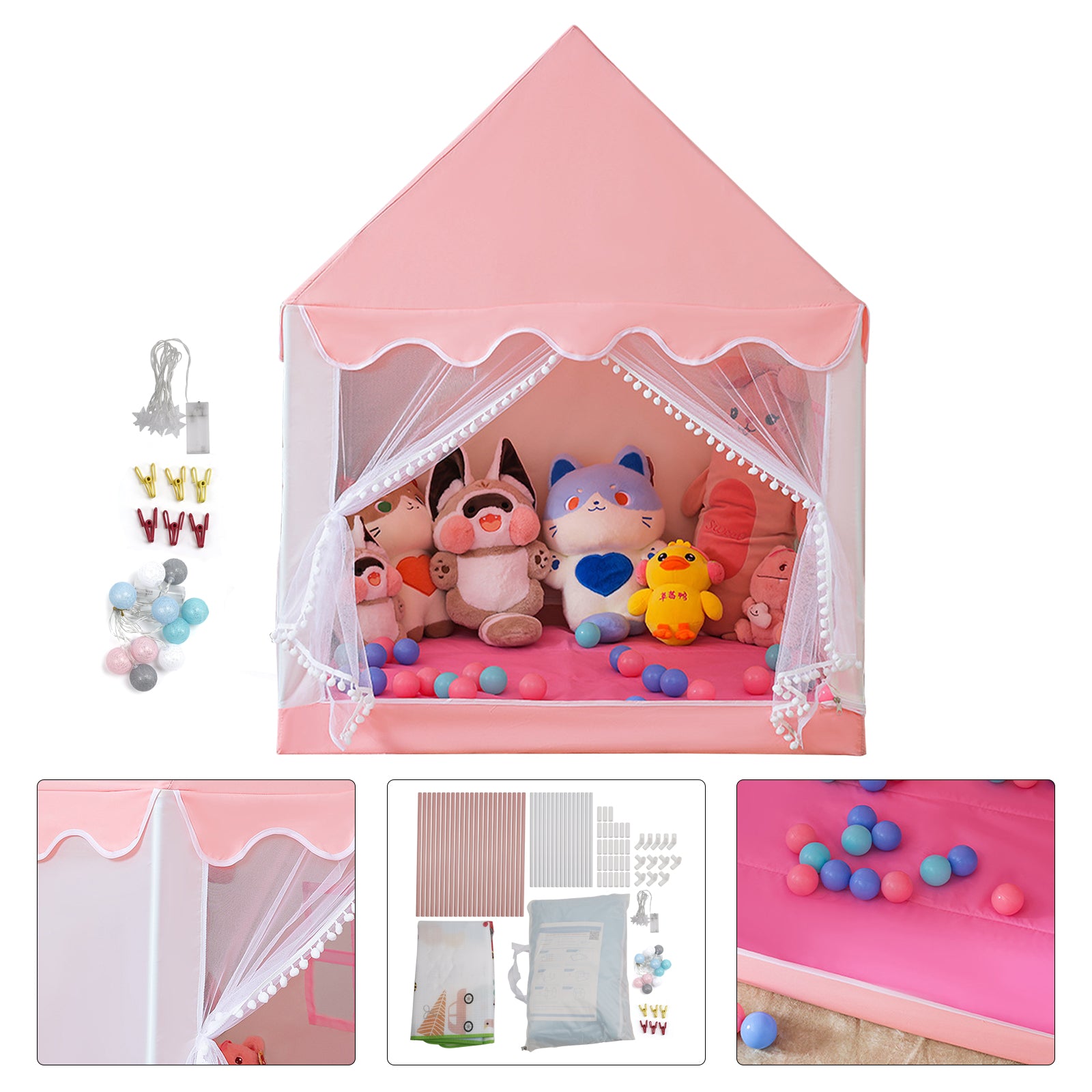 Kids Indoor Play Tent for Boys & Girls,Assembly Tent with Metal Frame,Mesh Window,Optional Star Lights & Mat,Portable Children's Playhouse with Carry Bag Pink