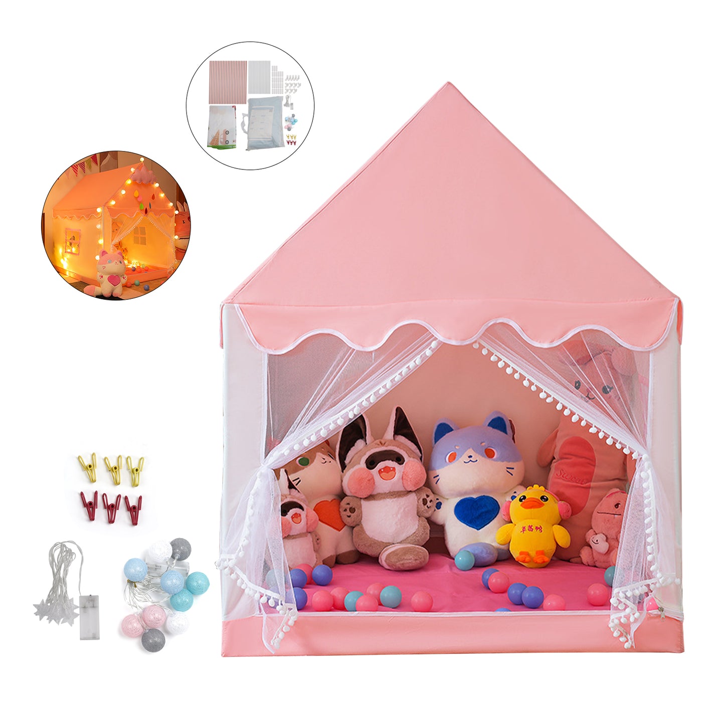 Kids Indoor Play Tent for Boys & Girls,Assembly Tent with Metal Frame,Mesh Window,Optional Star Lights & Mat,Portable Children's Playhouse with Carry Bag Pink