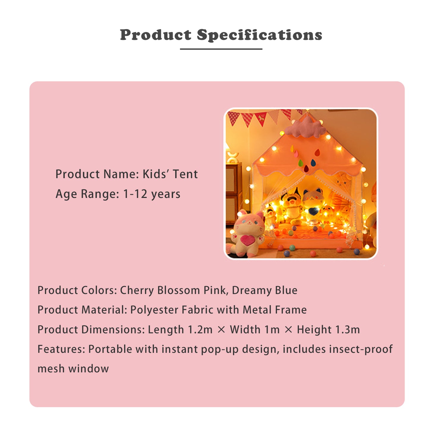 Kids Indoor Play Tent for Boys & Girls,Assembly Tent with Metal Frame,Mesh Window,Optional Star Lights & Mat,Portable Children's Playhouse with Carry Bag Pink