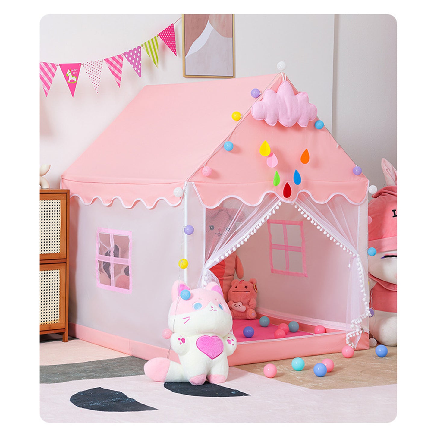 Kids Indoor Play Tent for Boys & Girls,Assembly Tent with Metal Frame,Mesh Window,Optional Star Lights & Mat,Portable Children's Playhouse with Carry Bag Pink