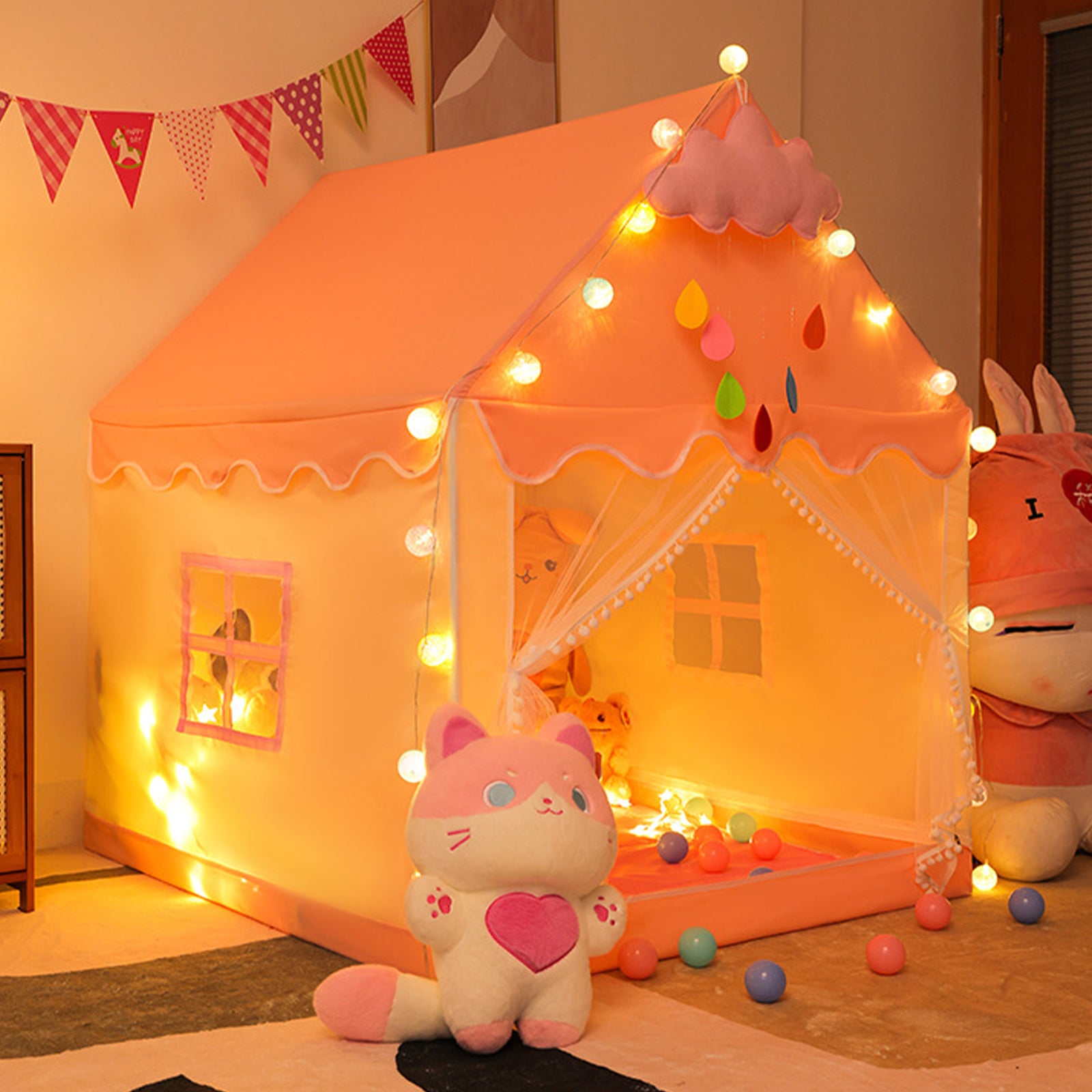 Kids Indoor Play Tent for Boys & Girls,Assembly Tent with Metal Frame,Mesh Window,Optional Star Lights & Mat,Portable Children's Playhouse with Carry Bag Pink