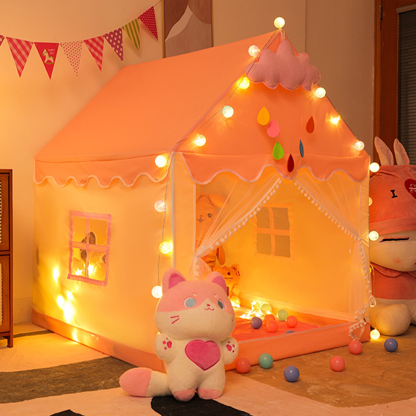 Kids Indoor Play Tent for Boys & Girls,Assembly Tent with Metal Frame,Mesh Window,Optional Star Lights & Mat,Portable Children's Playhouse with Carry Bag Pink
