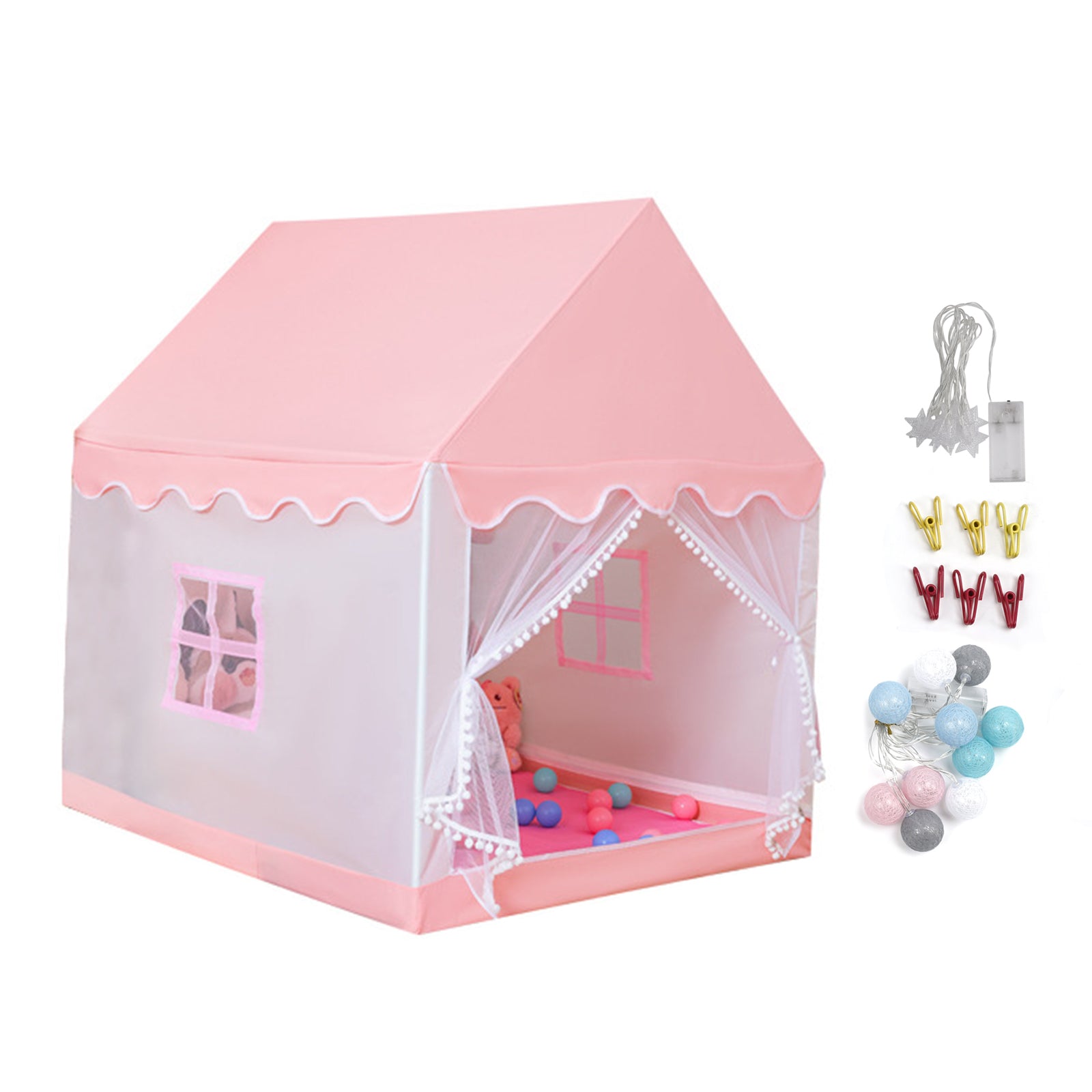 Kids Indoor Play Tent for Boys & Girls,Assembly Tent with Metal Frame,Mesh Window,Optional Star Lights & Mat,Portable Children's Playhouse with Carry Bag Pink