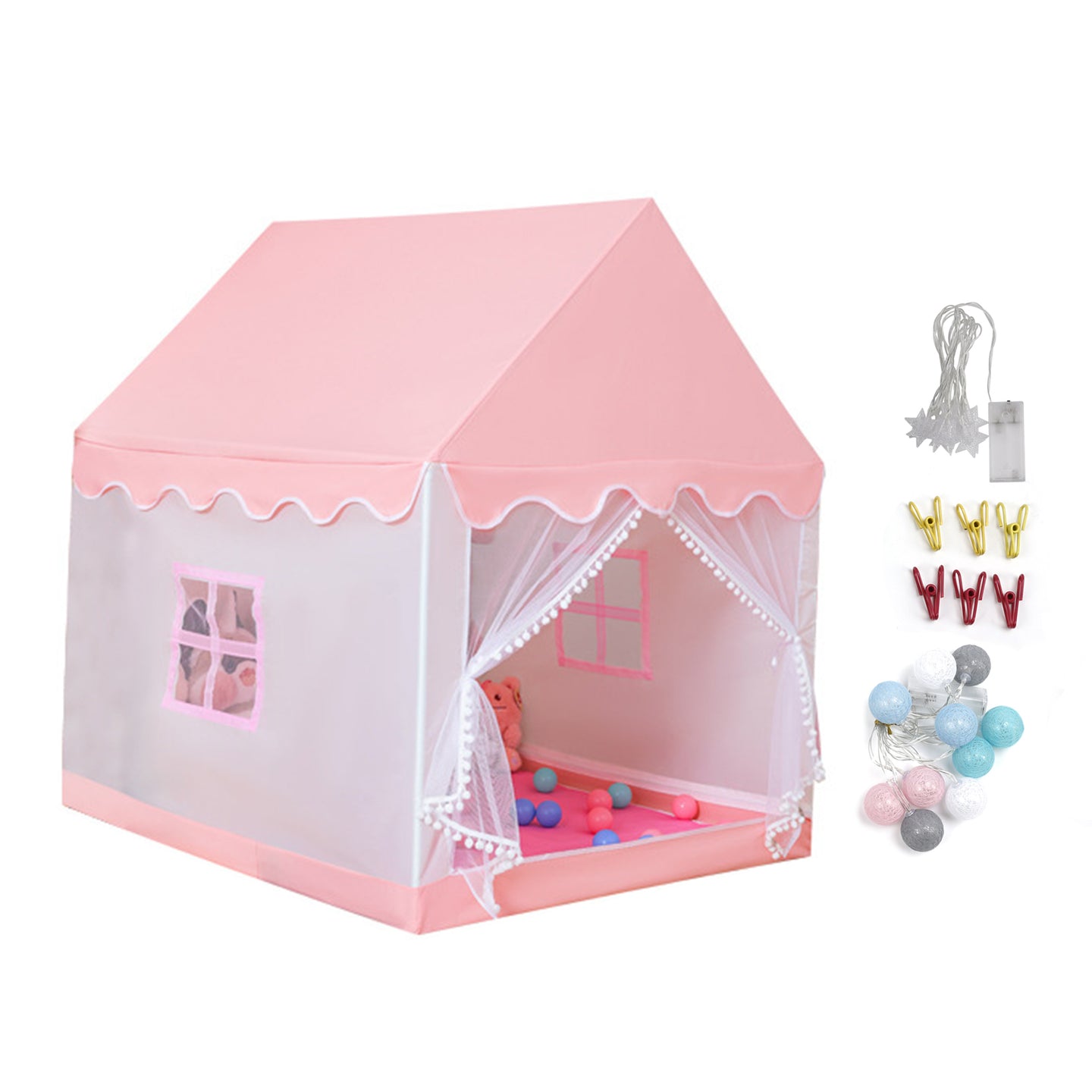 Kids Indoor Play Tent for Boys & Girls,Assembly Tent with Metal Frame,Mesh Window,Optional Star Lights & Mat,Portable Children's Playhouse with Carry Bag Pink