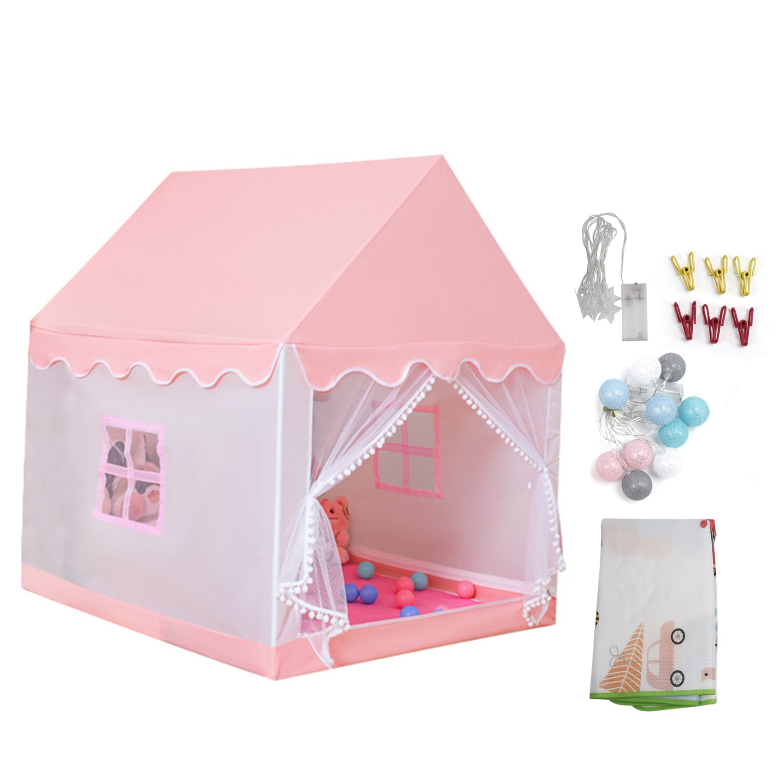 Kids Indoor Play Tent for Boys & Girls,Assembly Tent with Metal Frame,Mesh Window,Optional Star Lights & Mat,Portable Children's Playhouse with Carry Bag Pink