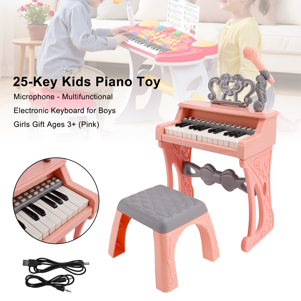 25-Key Kids Piano Toy with Stand & Stool,Microphone - Multifunctional Electronic Keyboard for Boys Girls Gift Ages 3+ (White)
