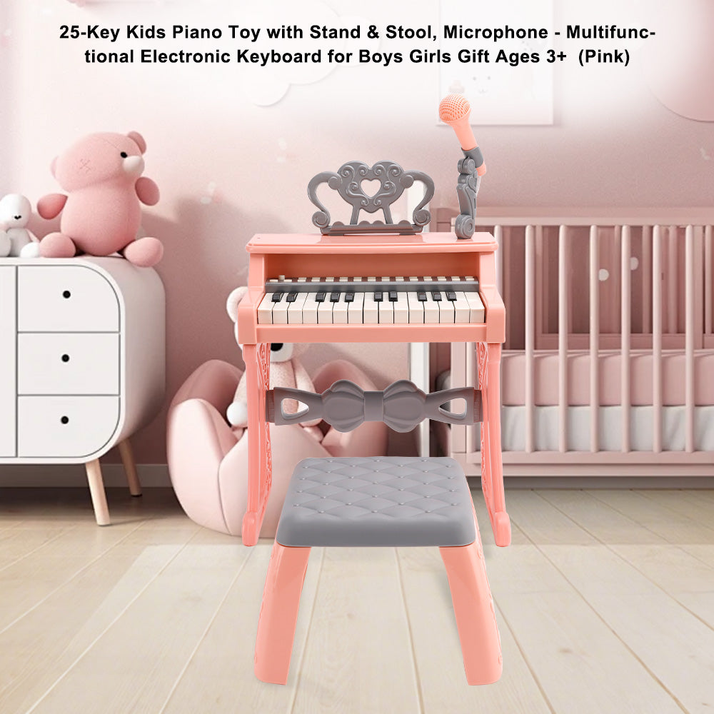 25-Key Kids Piano Toy with Stand & Stool,Microphone - Multifunctional Electronic Keyboard for Boys Girls Gift Ages 3+ (White)