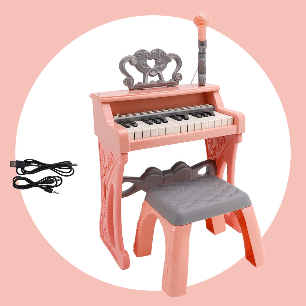 25-Key Kids Piano Toy with Stand & Stool,Microphone - Multifunctional Electronic Keyboard for Boys Girls Gift Ages 3+ (White)