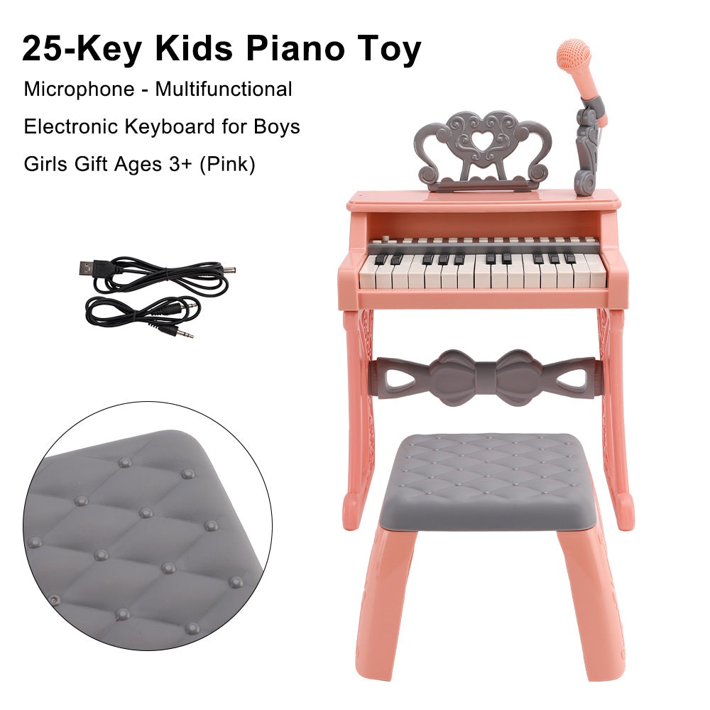 25-Key Kids Piano Toy with Stand & Stool,Microphone - Multifunctional Electronic Keyboard for Boys Girls Gift Ages 3+ (White)