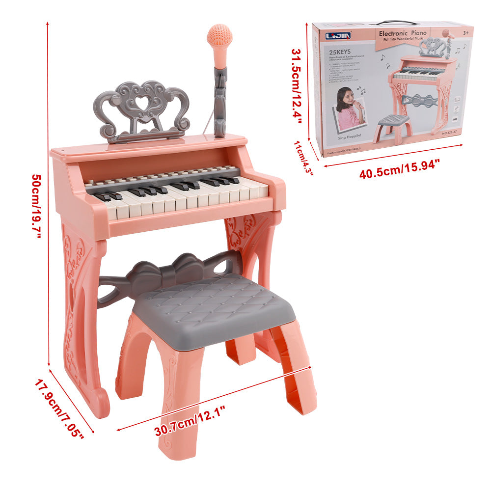 25-Key Kids Piano Toy with Stand & Stool,Microphone - Multifunctional Electronic Keyboard for Boys Girls Gift Ages 3+ (White)