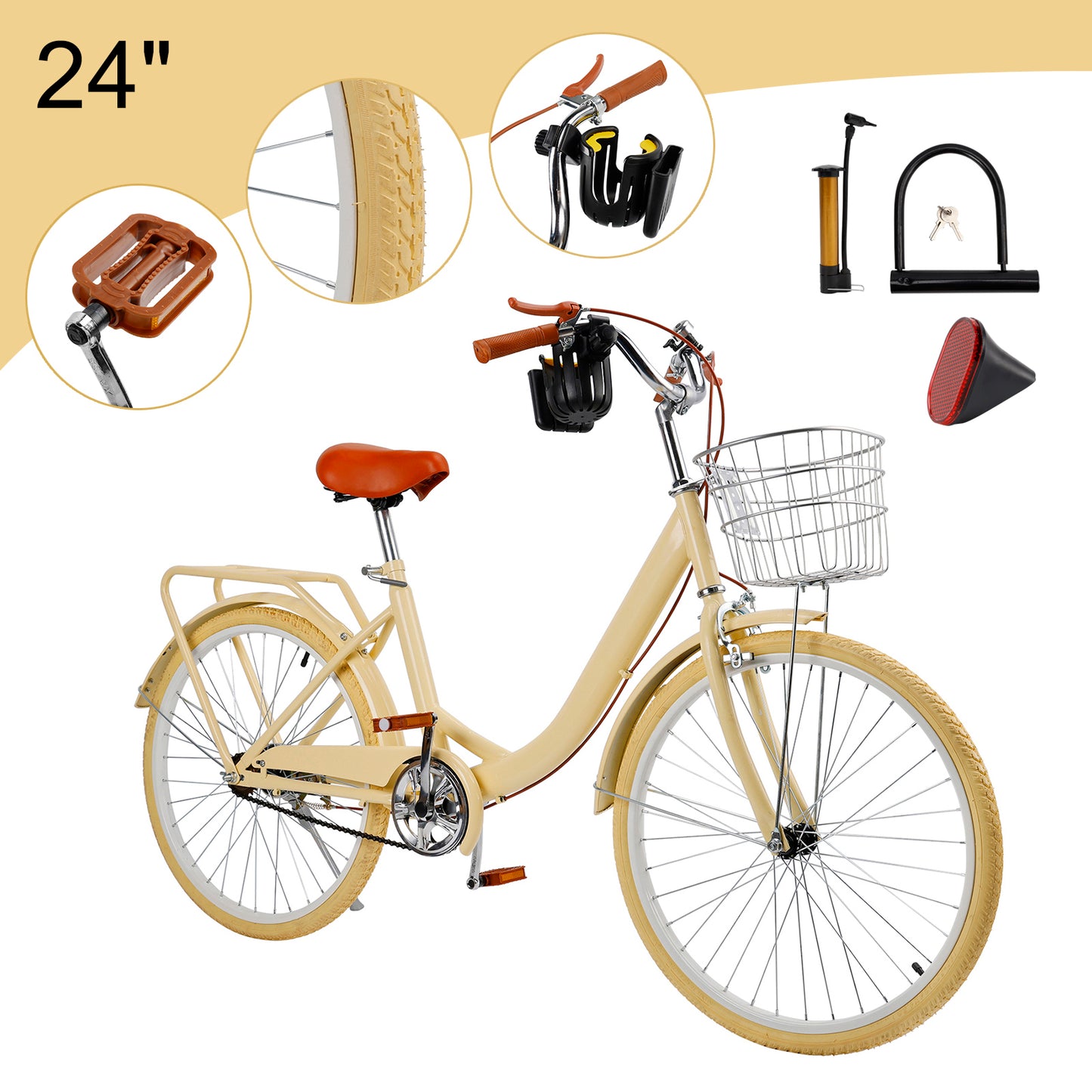 24/26 inch Women City Bicycle Beach Cruiser Bike with Basket & Rack