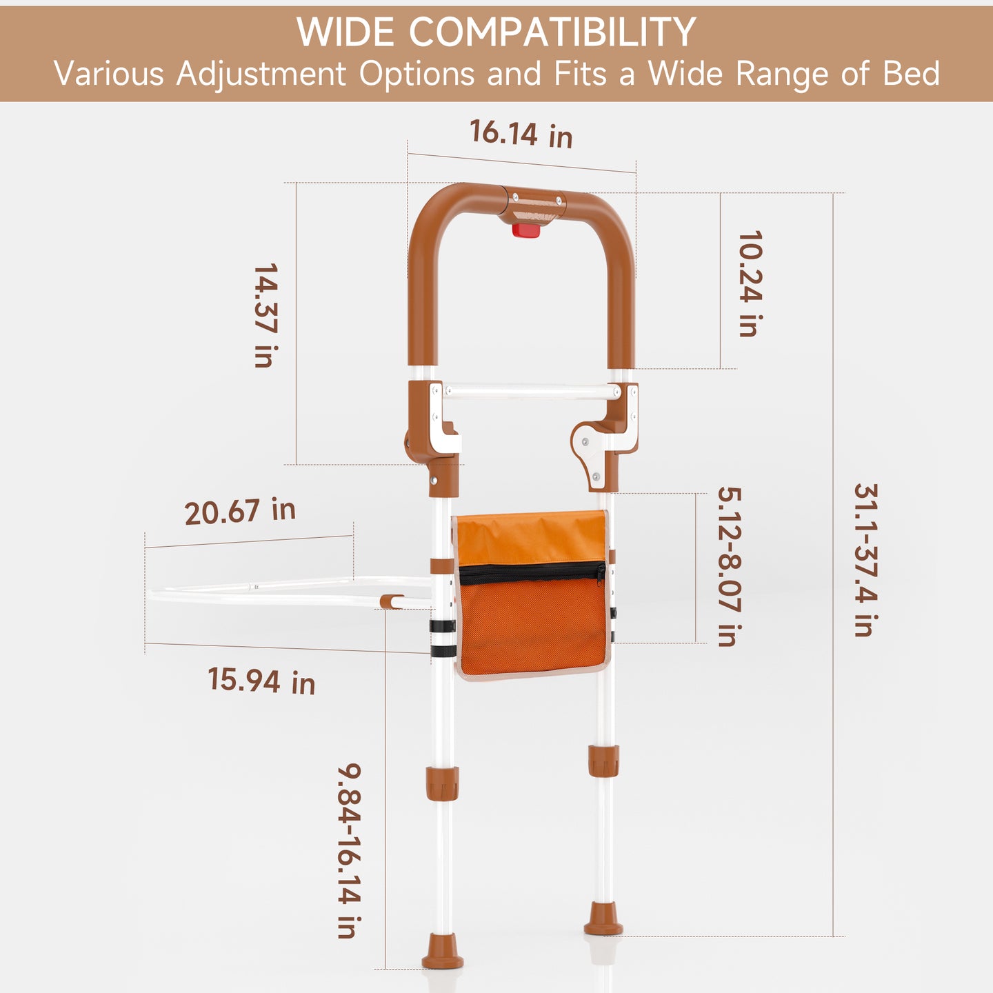 Bed Assist Rail w/ Non-Slip Handle & Storage Pouch Fits 350 LBS Bed Rails