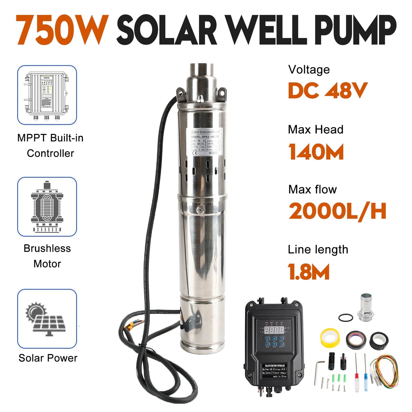750W 48V Solar Submersible Borehole Pump with MPPT – 3 Inch Deep Well Screw Pump, Max Head 140M