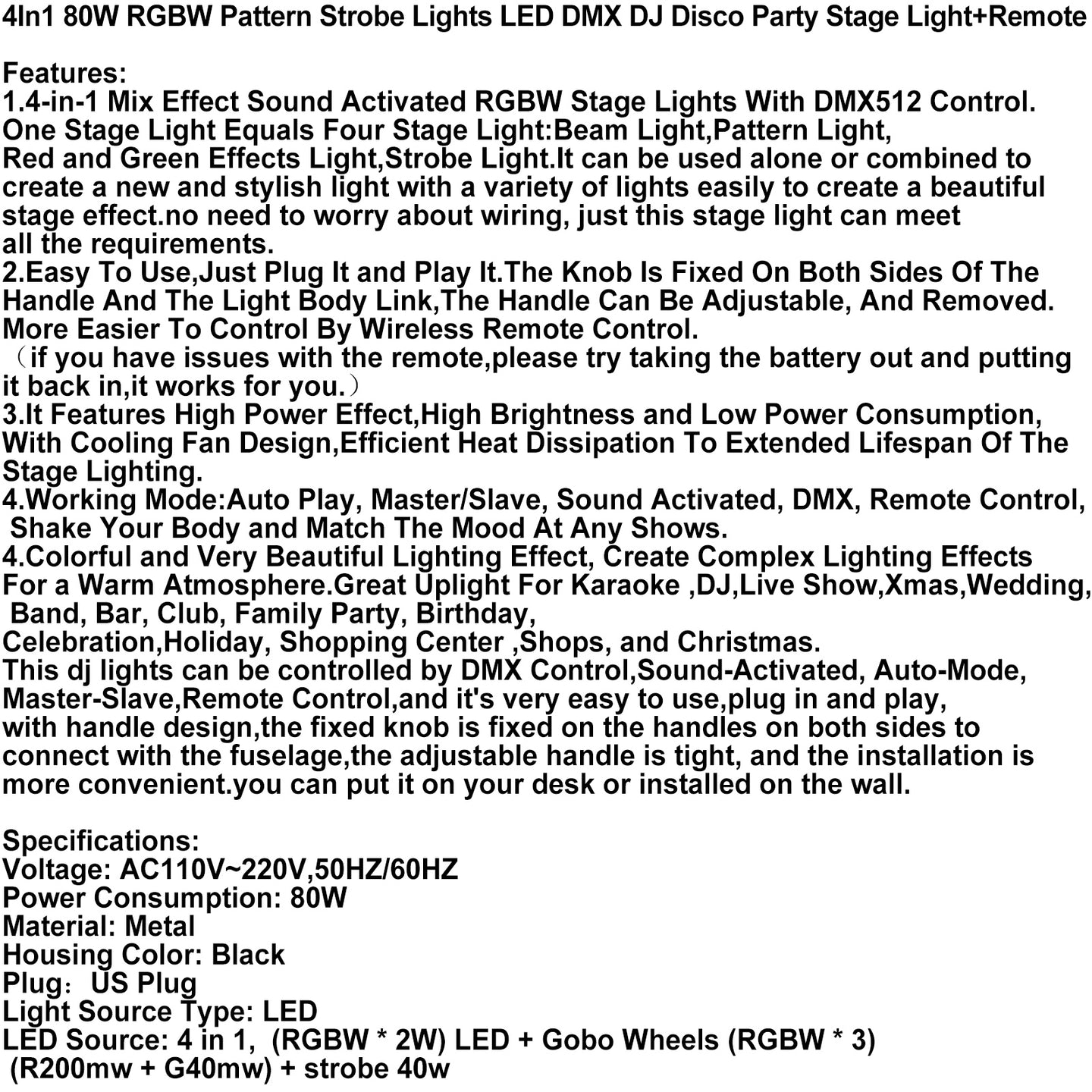 4-in-1 LED DJ Party Light with RGBW Pattern, Laser & Strobe Effects, DMX & Remote Controlled Stage Lighting