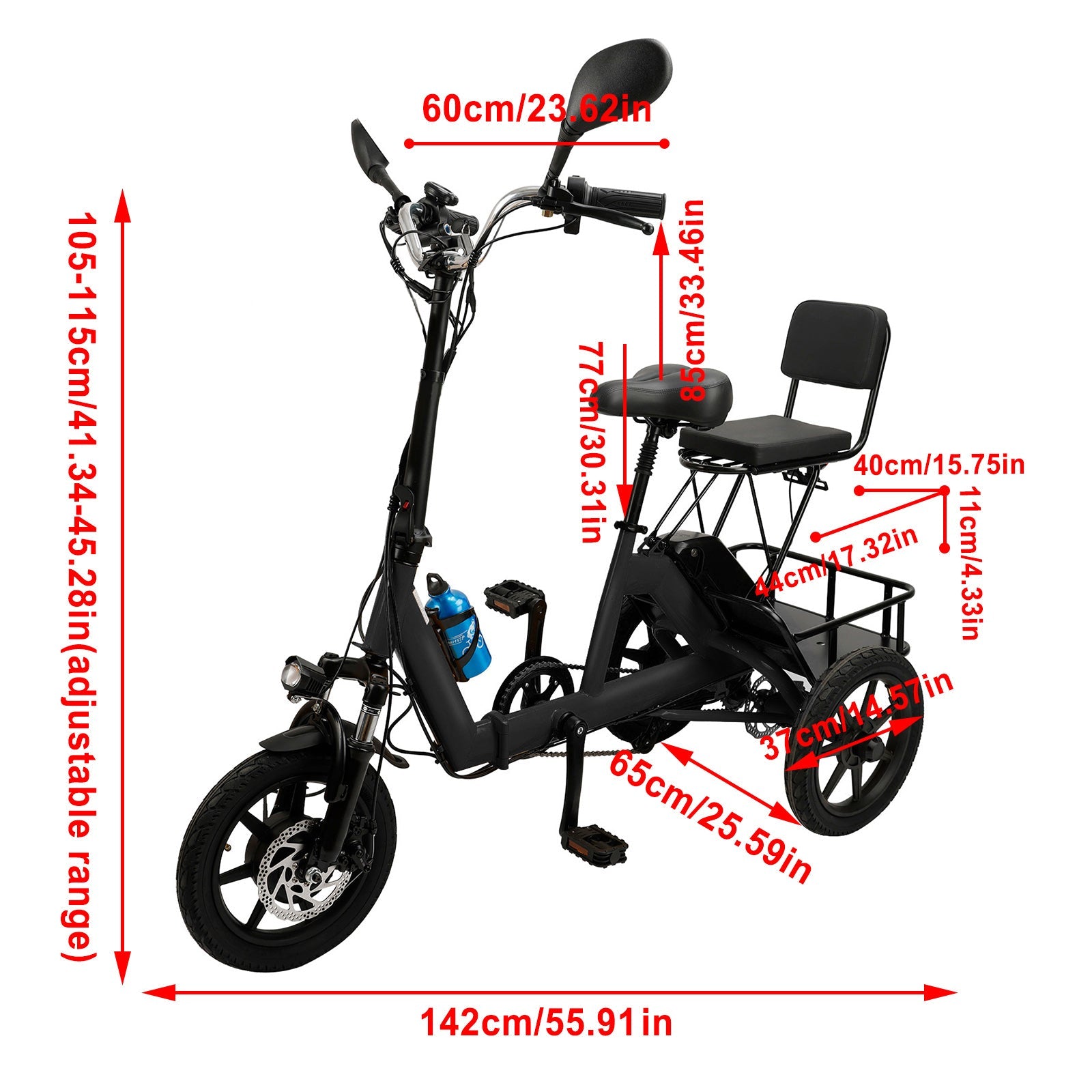 Black Foldable Electric Trike with 350W Motor & 70km Range