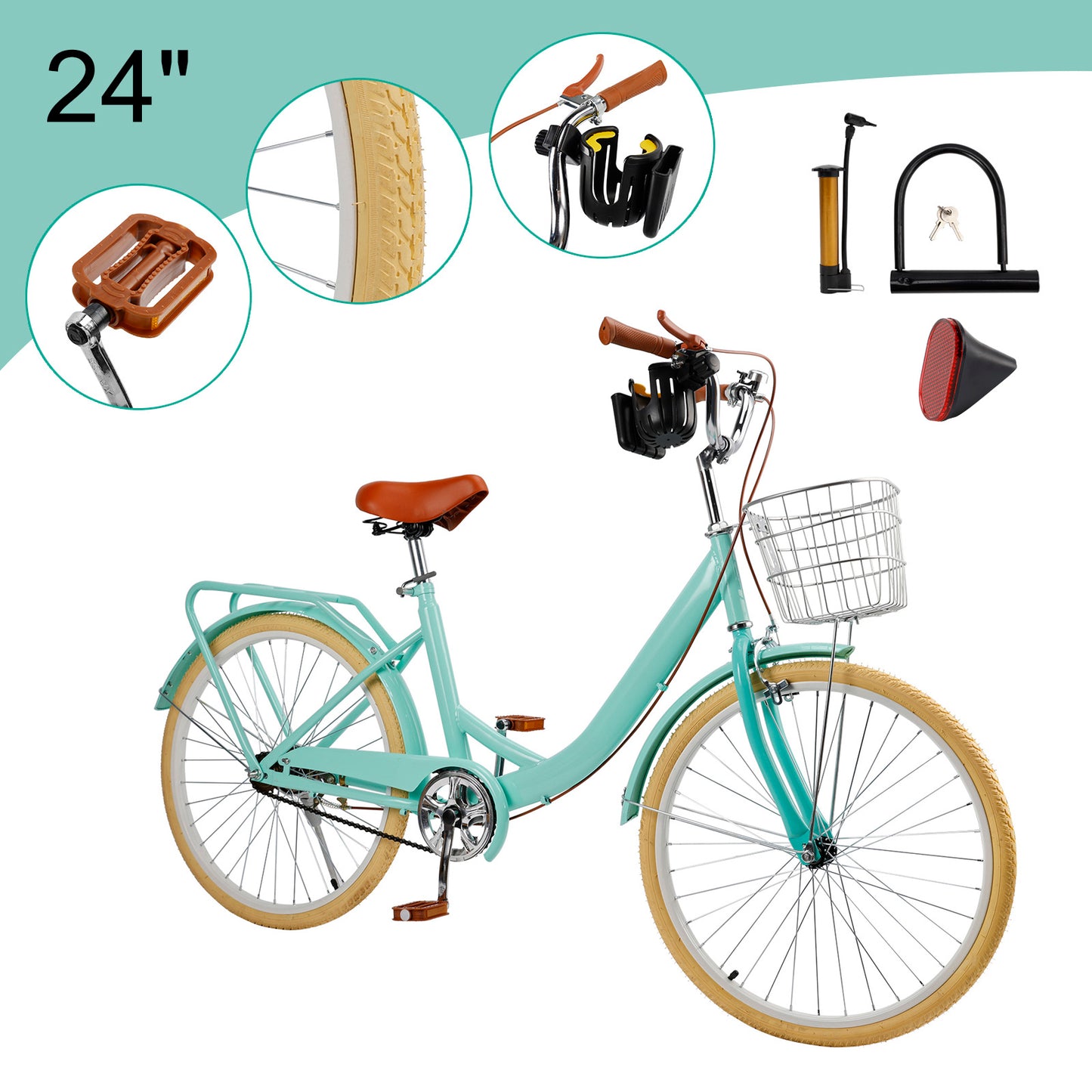 24/26 inch Women City Bicycle Beach Cruiser Bike with Basket & Rack