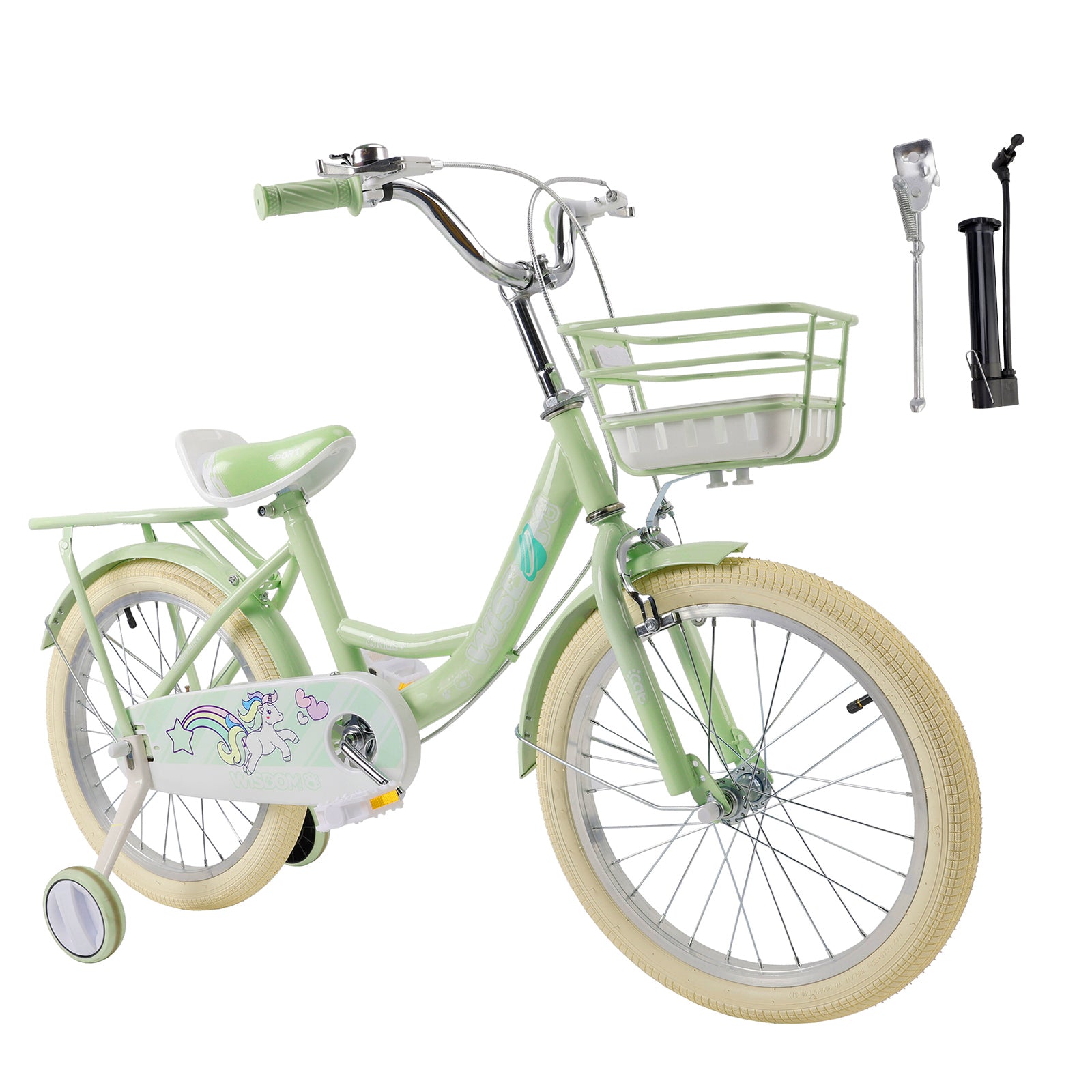 18" Child Bicycle Girls Bike with auxiliary wheels & Rack & Basket Green