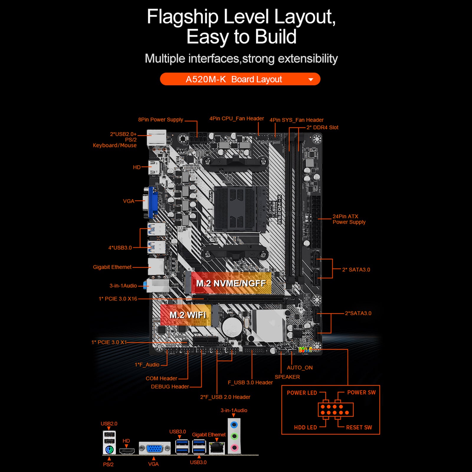 A520M-K Computer Motherboard Dual Protocol M.2 Hard Drive Support WIFI Bluetooth