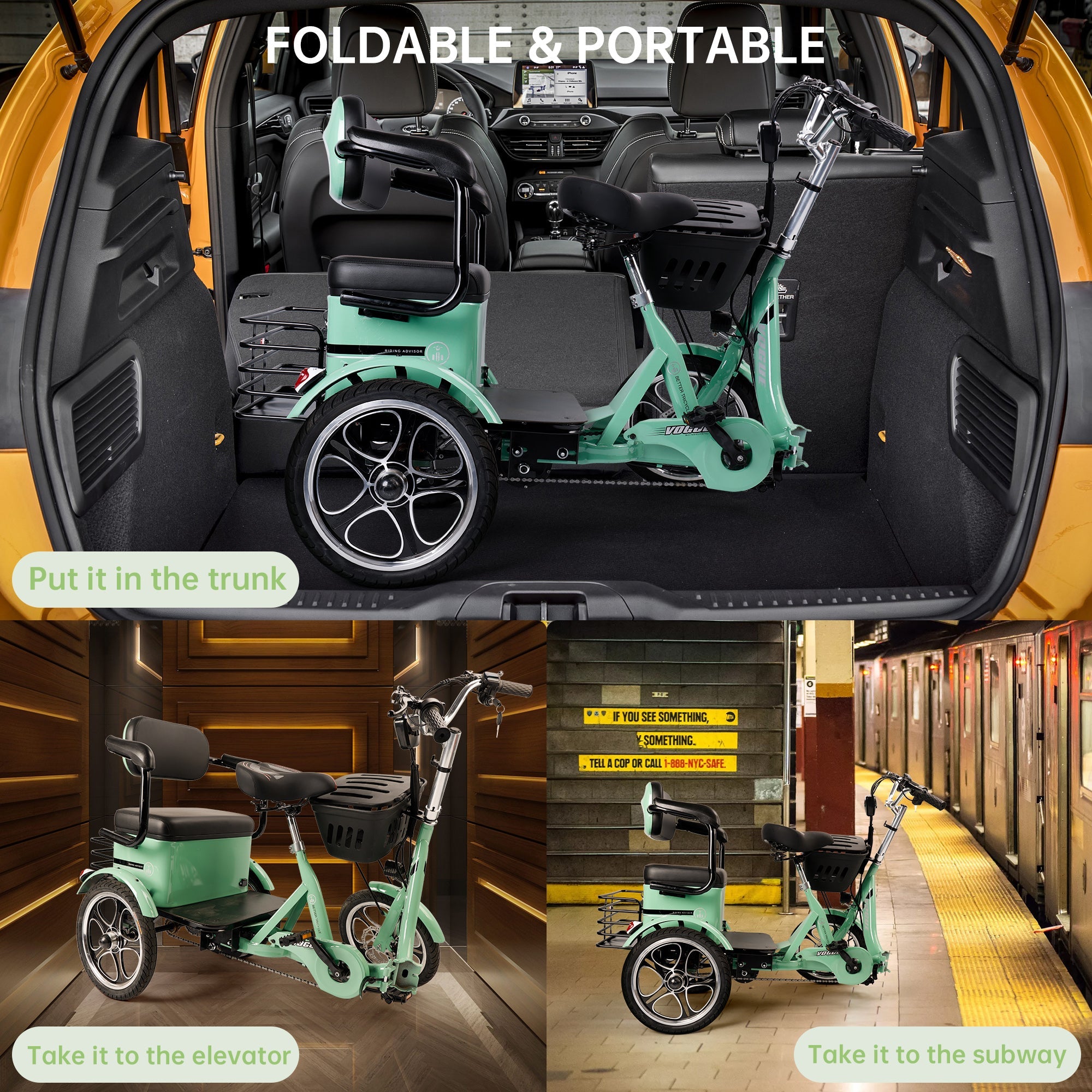 Electric Bike, 400W Folding Trike Ebike, 3 Wheel Electric Bicycle, Up to 34 Miles, 16 Tire Tricycle for Adults, Green