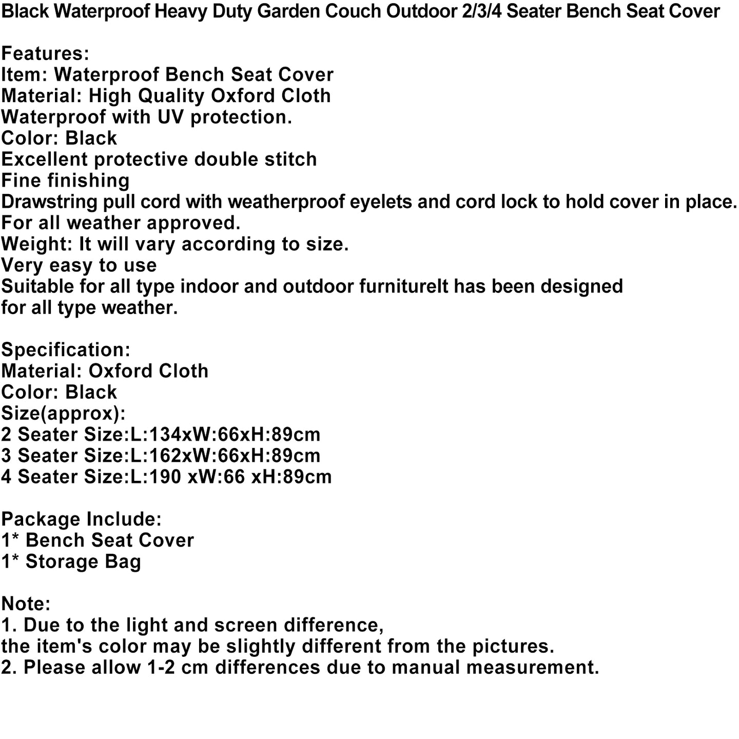 Black Waterproof Heavy Duty Garden Couch Outdoor 2/3/4 Seater Bench Seat Cover, 2Seats 134x66x89cm