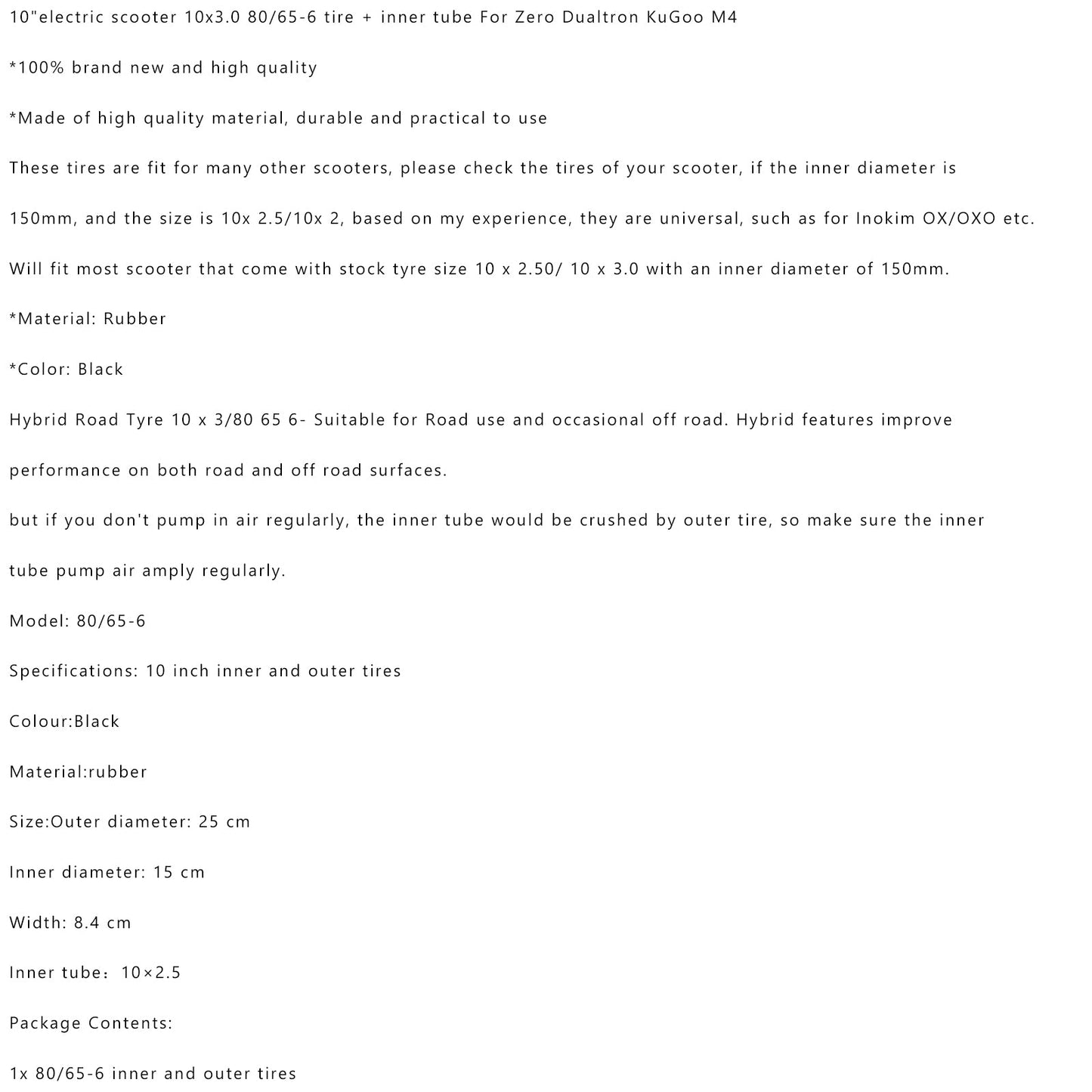 10 inch E-Scooter 10x3.0 80/65-6 Tire + Tube Zero Dualtron KuGoo M4 (Copy)