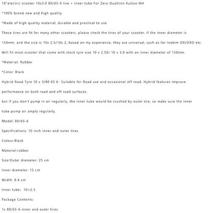 10 inch E-Scooter 10x3.0 80/65-6 Tire + Tube Zero Dualtron KuGoo M4 (Copy)