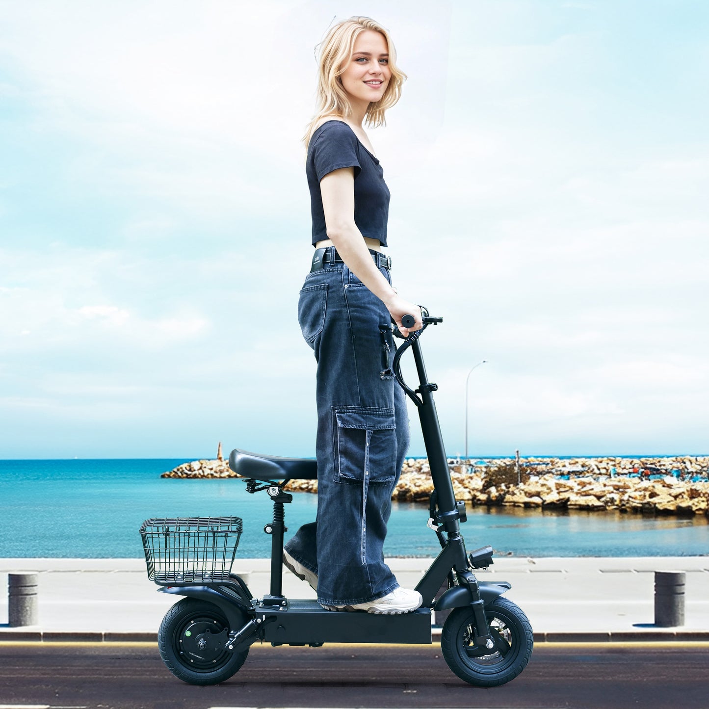 400W Adult Shock Absorption Electric Scooter with Seat 10" Commuter Electric Scooter With Carry Basket - Up to 25 Miles 20MPH For Lady