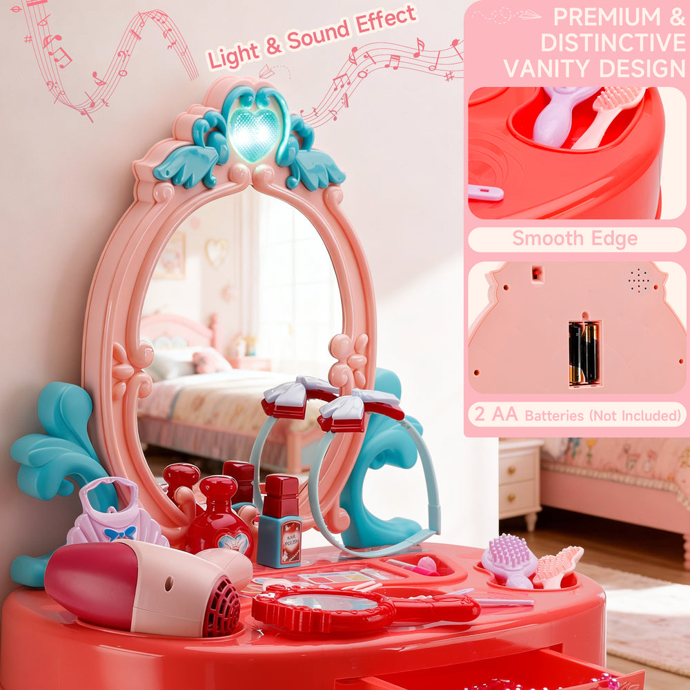 Toddler Makeup Table with Mirror and Chair Kids Vanity Set with Blowdryer for 3+