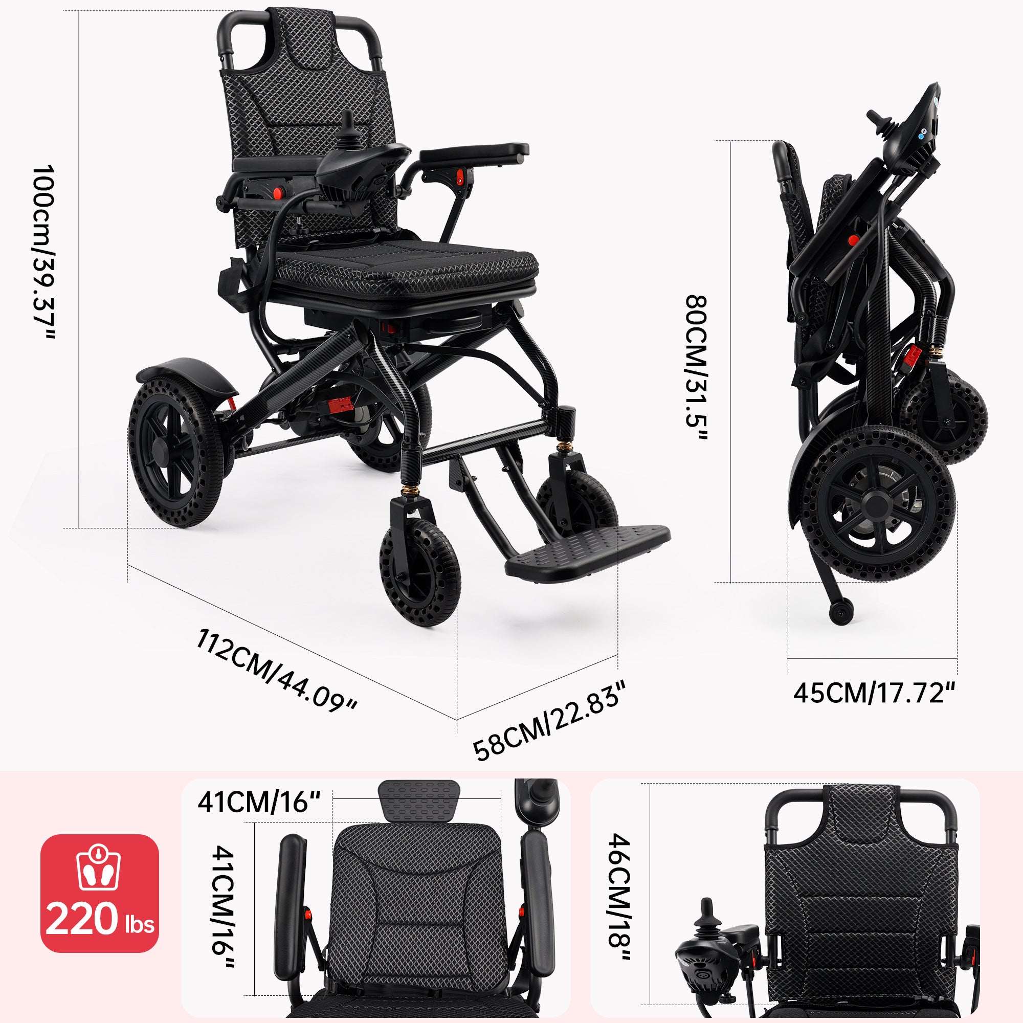 Foldable Electric Power Wheelchair, 46 lb Lightweight, Dual 180W Motors, 6Ah Airline-Ready Battery, 220 lb Capacity (Copy)