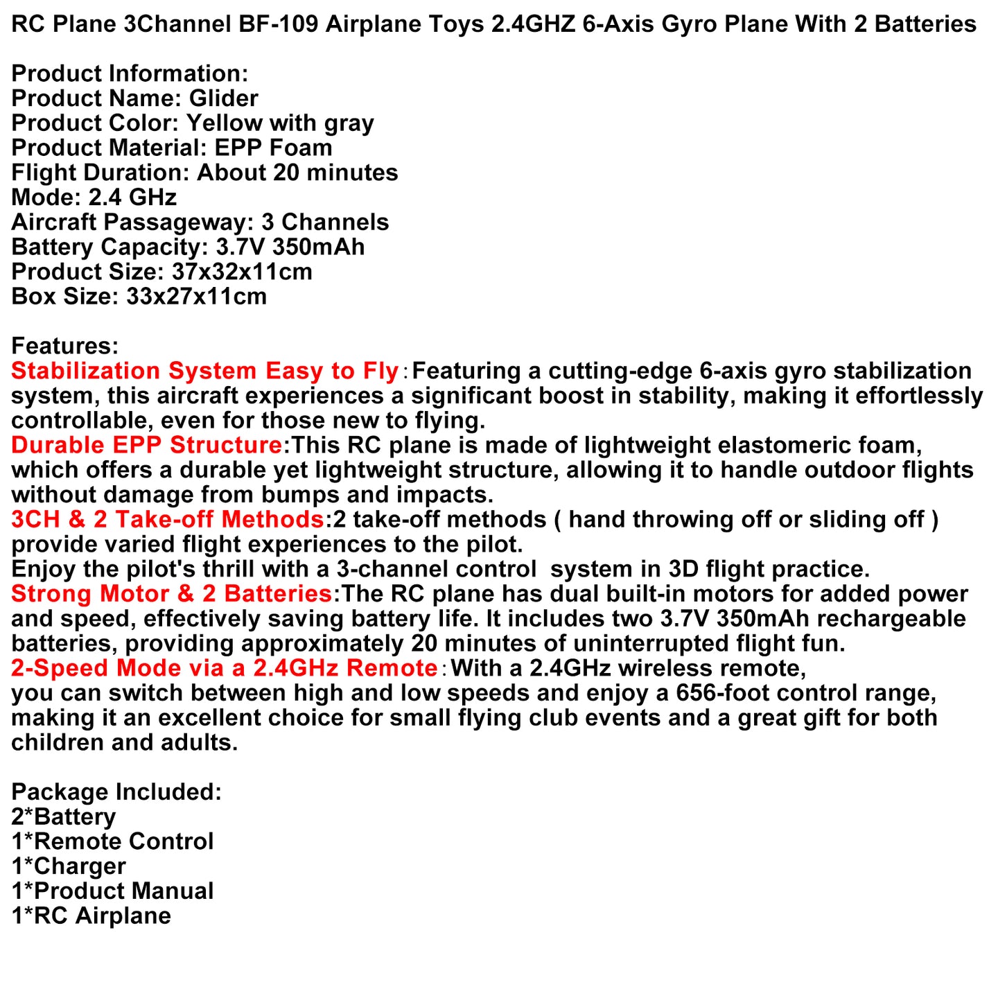 RC Airplane BF-109 Warbird – 3 Channel Remote Control Plane with 2.4GHz, 6-Axis Gyro & 2 Batteries