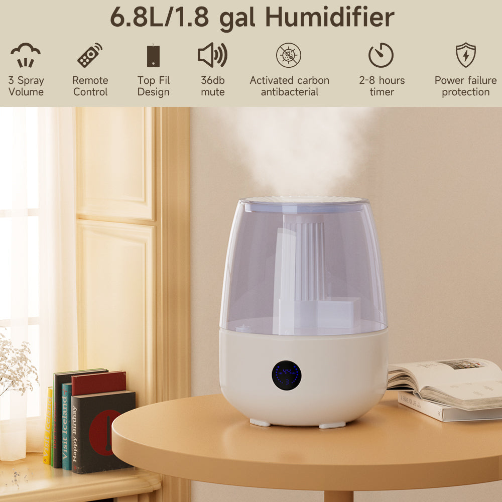 6.8L Cool Mist Humidifier & Diffuser with Remote - Top Fill for Bedroom, Plants & Baby
