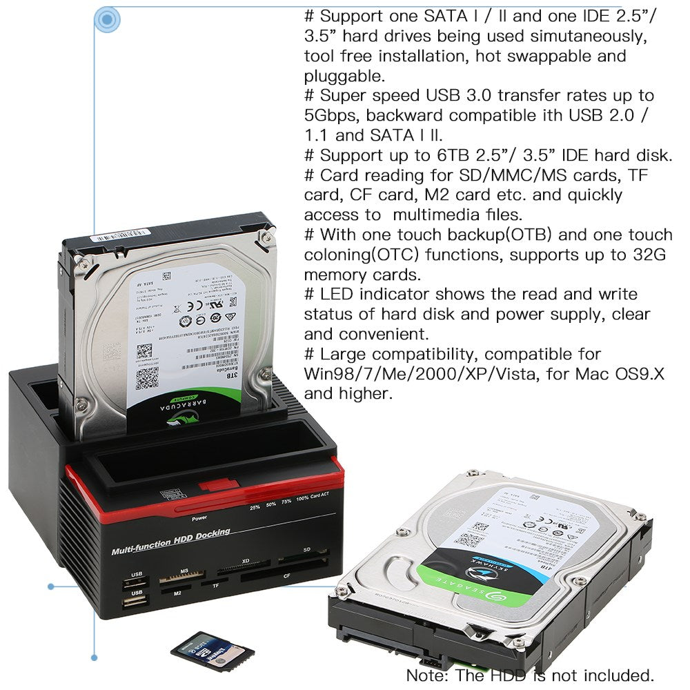 Multifunction 2.5 3.5" HDD Docking Station USB 3.0 Clone Hard Drive Card US