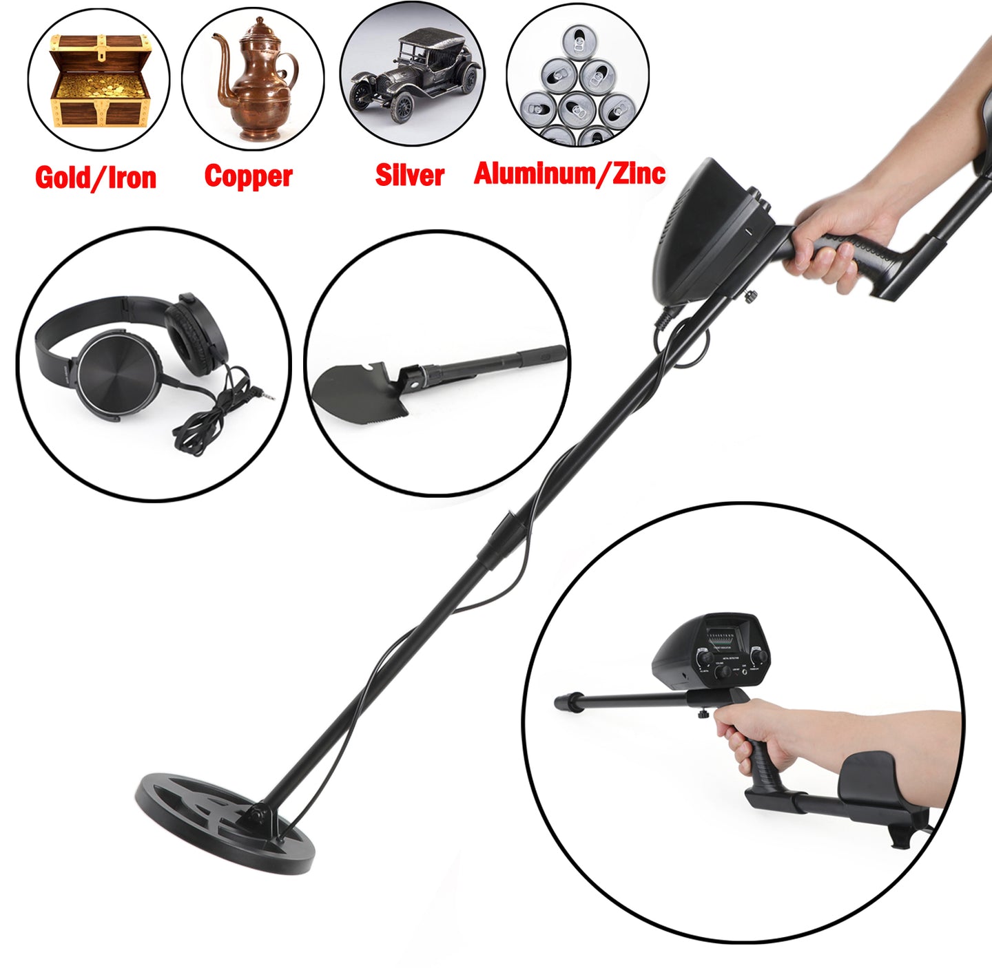 3 in 1 Deep Sensitive Big Coil Metal Detector + Shovel + Headphone