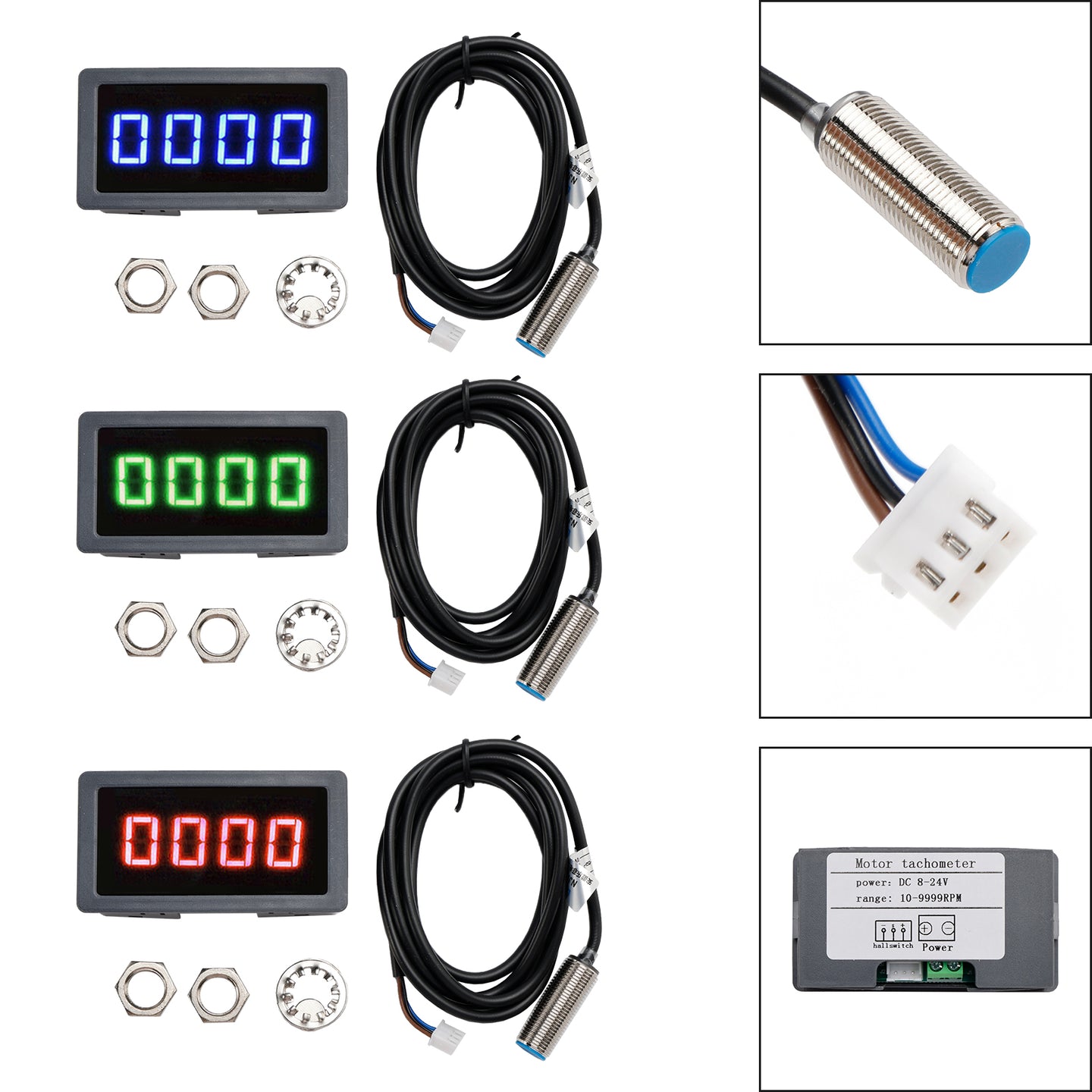 Tachometer 4 Digital LED Tach RPM Speed Meter + Hall Proximity Switch Sensor NPN, Green