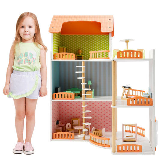 3 Story Wooden Doll House With Balcony 23 Accessories Toy Gift For 3 +Years Kids