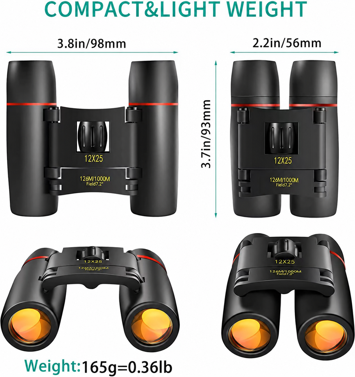 12×25 Compact Binoculars – Folding Travel Binoculars with BAK4 Prisms