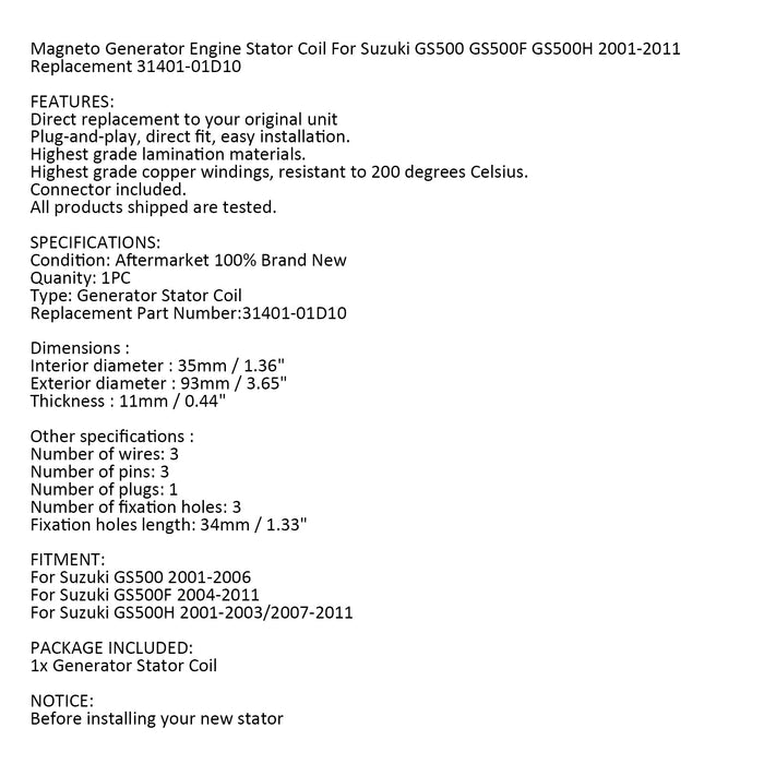 2001-2011 Suzuki GS500 GS500F GS500H Repl.31401-01D10 Alternator Stator Coil