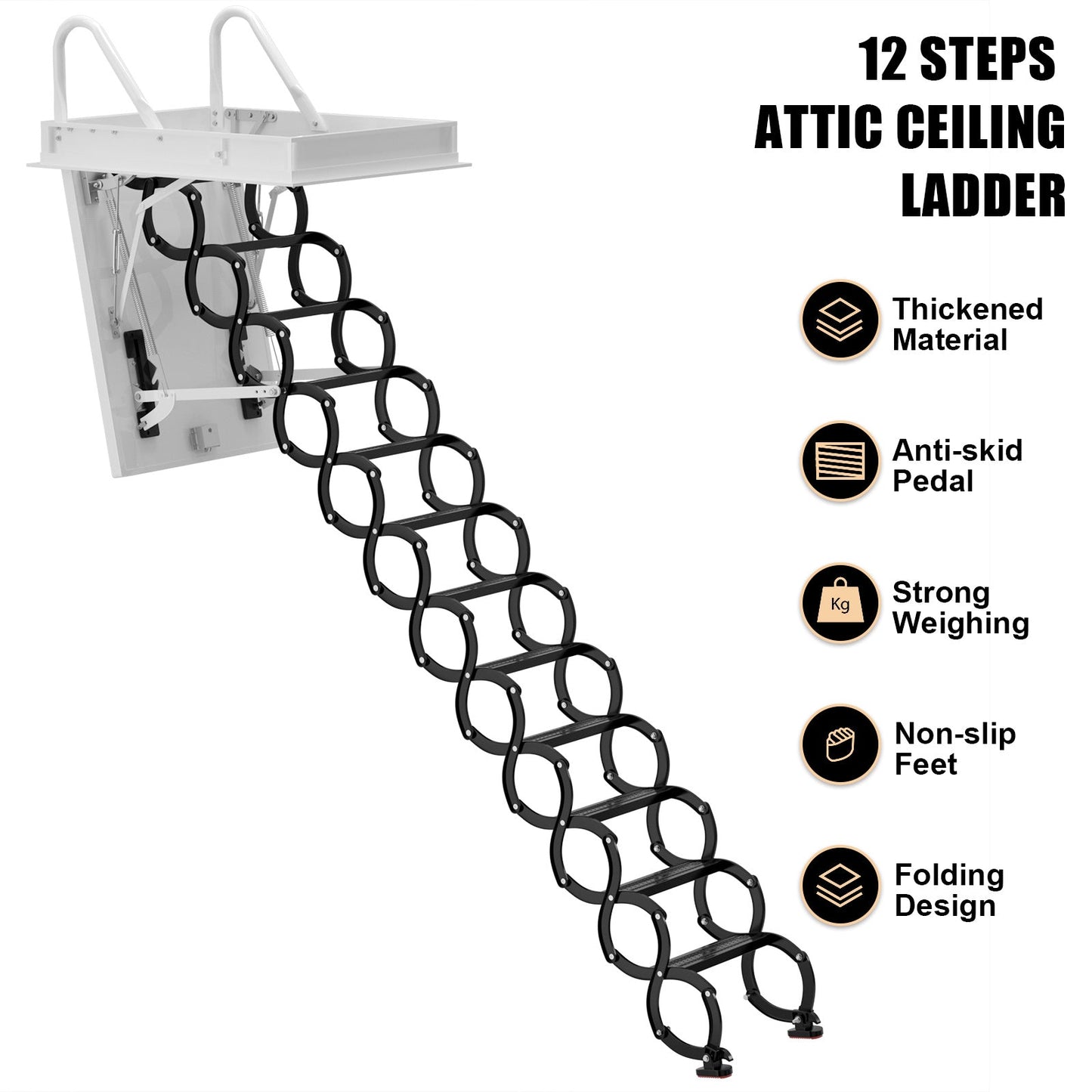 12-Step Folding Attic Ladder for 39.4" x 27.6" Opening, 660 lbs Capacity Wall-Mounted Pull-Down Loft Stairs, up to 9.84ft Floor Height (Black)