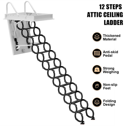 12-Step Folding Attic Ladder for 39.4" x 27.6" Opening, 660 lbs Capacity Wall-Mounted Pull-Down Loft Stairs, up to 9.84ft Floor Height (Black)