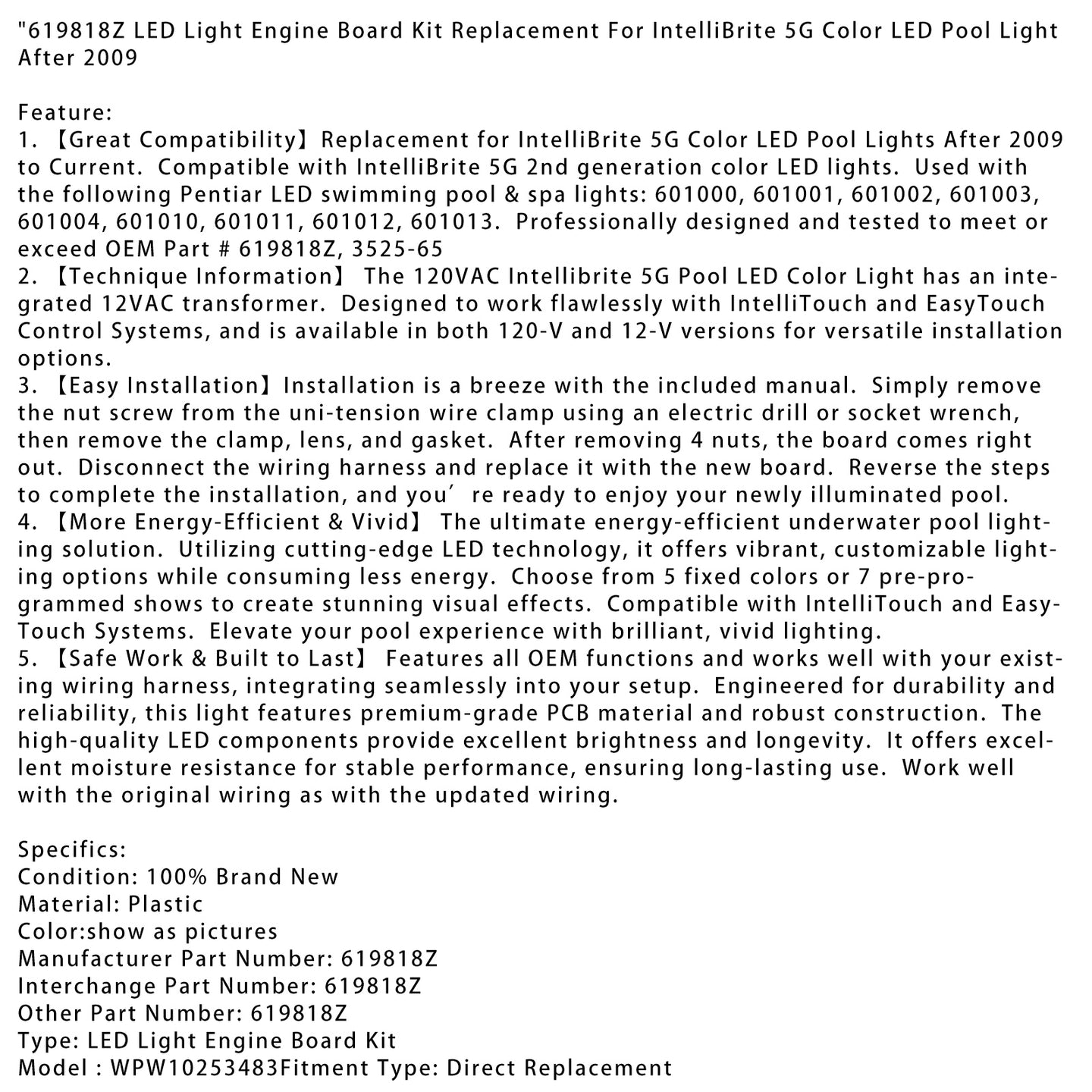 619818Z LED Light Engine Board Kit – Replacement for IntelliBrite 5G Color LED Pool Light
