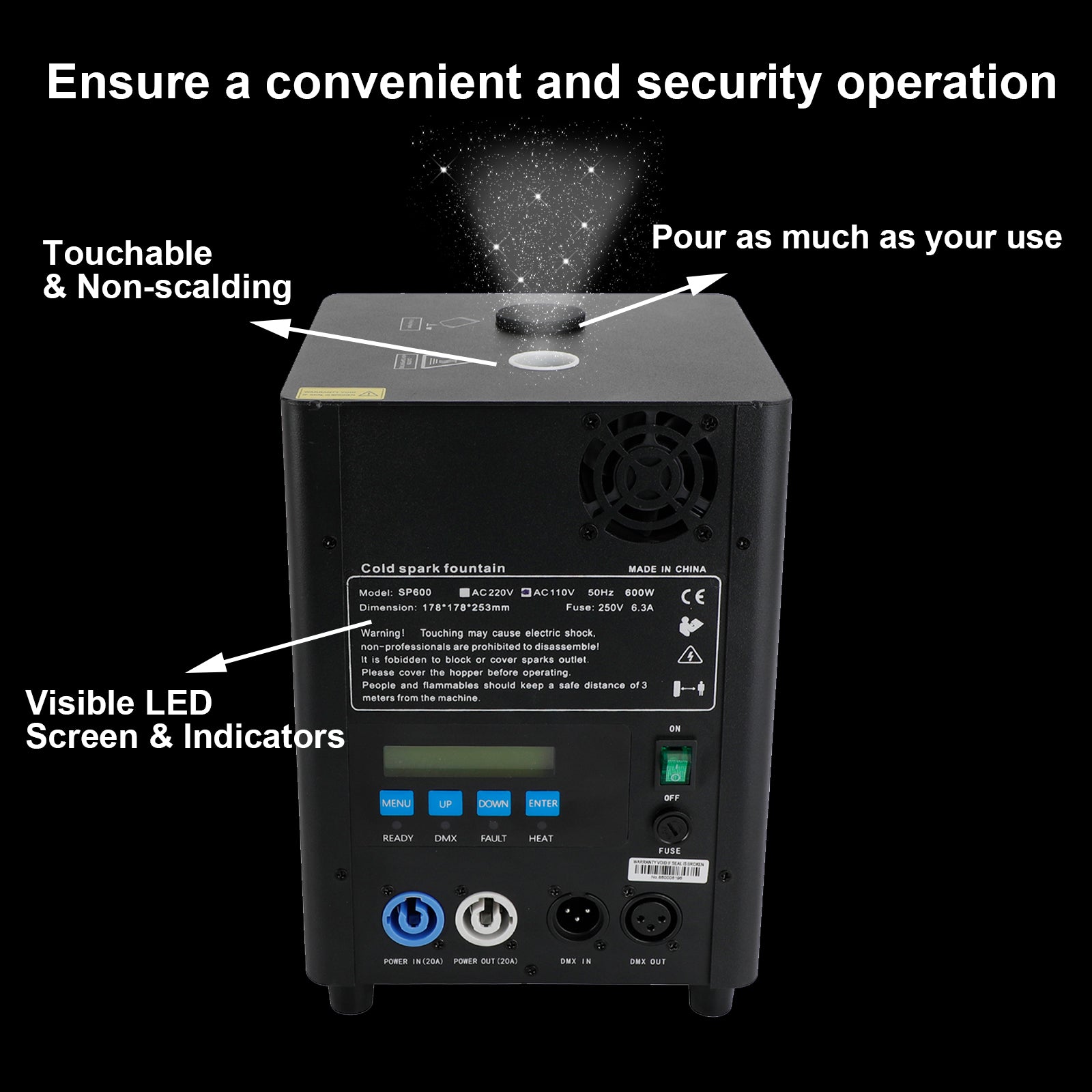 600W Cold Spark Machine with DMX & Remote, 13ft Indoor Safe Firework Fountain Effect for Weddings & DJs