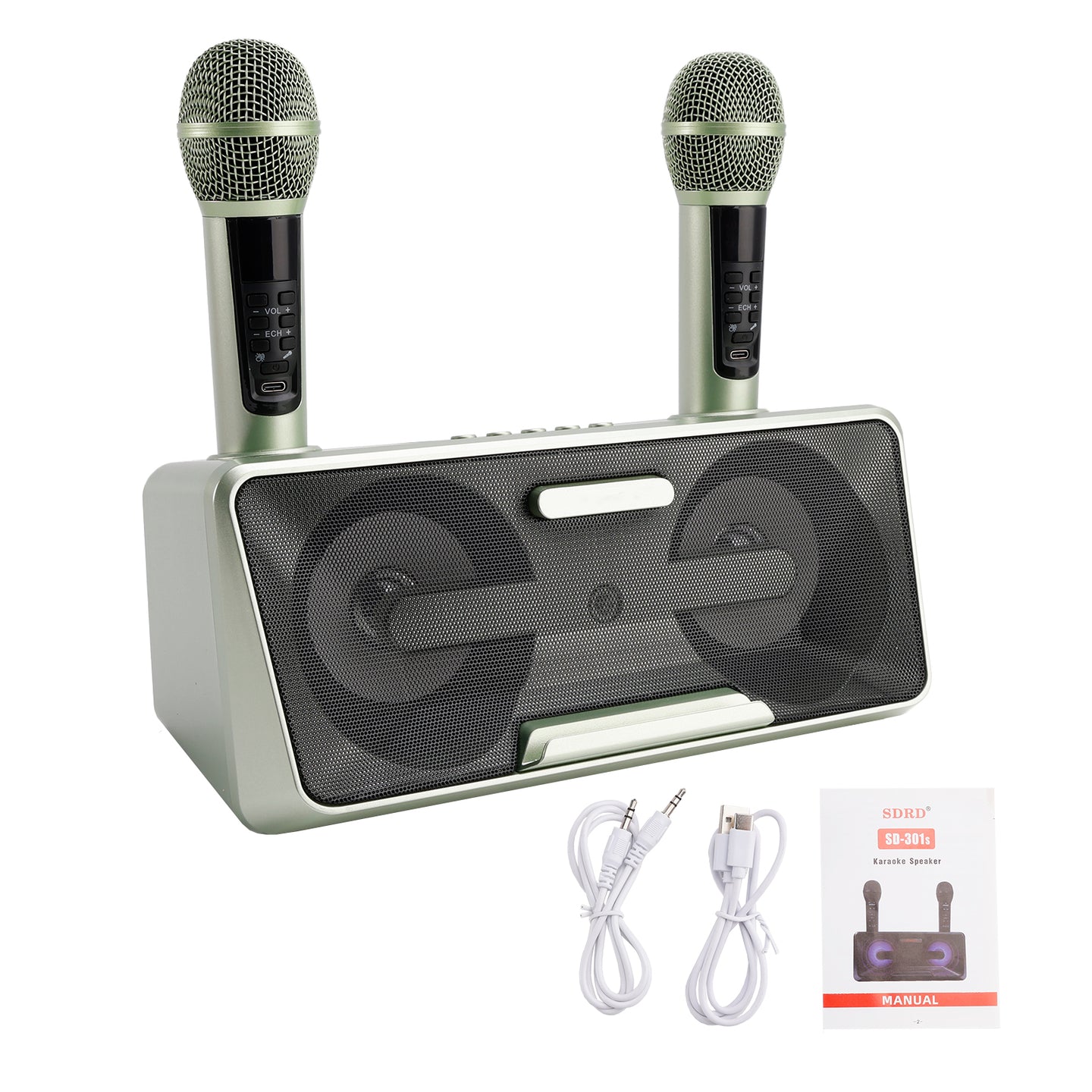 Portable Karaoke Machine with 2 Wireless Microphones, 20W Bluetooth Speaker System for Kids & Adults, Home Party (Green)