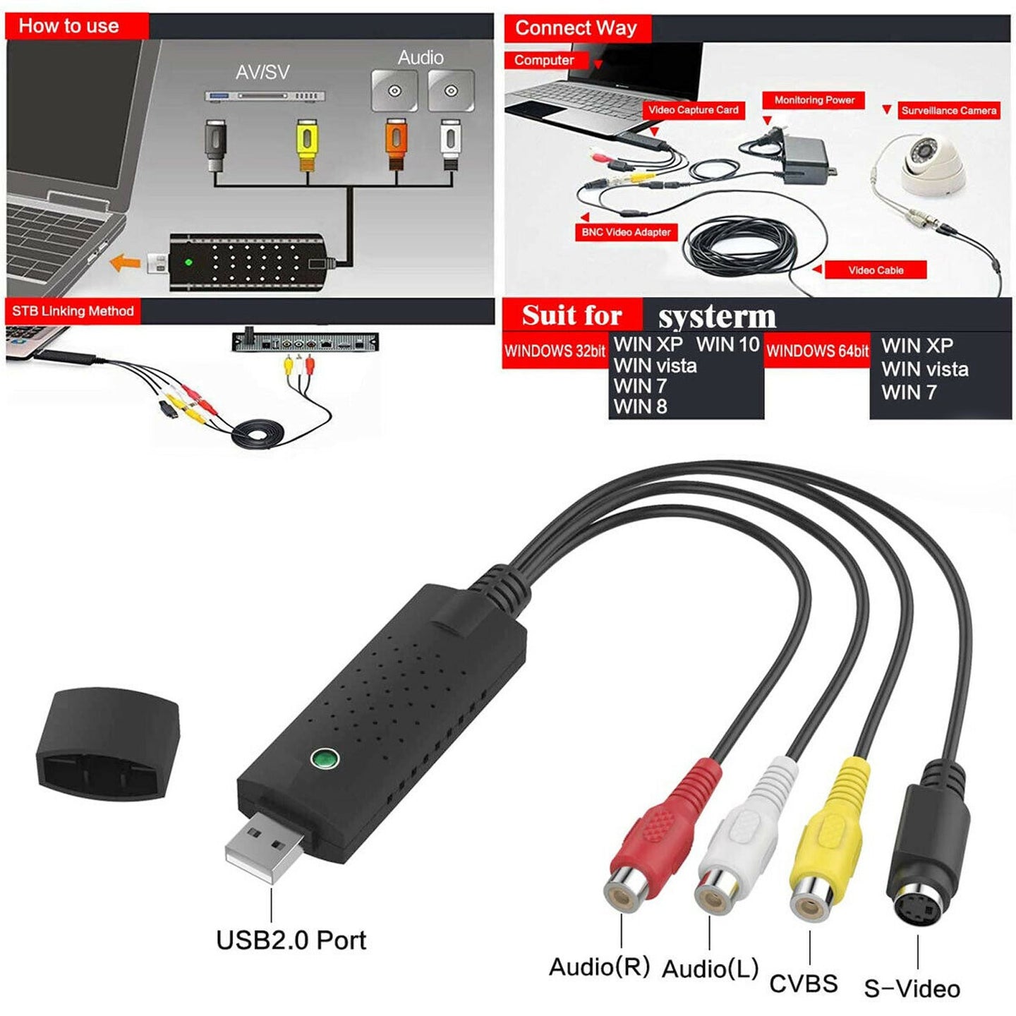 VHS to Digital Converter, USB 2.0 Video Capture Card to Convert VCR, Hi8 Tapes to DVD for PC/Windows 10