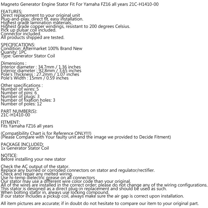 2008-2015+ Yamaha FZ16 Fazer 160 Stator Magneto Generator # 21C-H1410-00