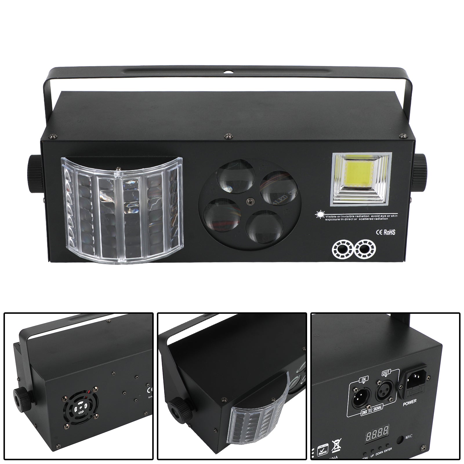 4-in-1 LED DJ Party Light with RGBW Pattern, Laser & Strobe Effects, DMX & Remote Controlled Stage Lighting